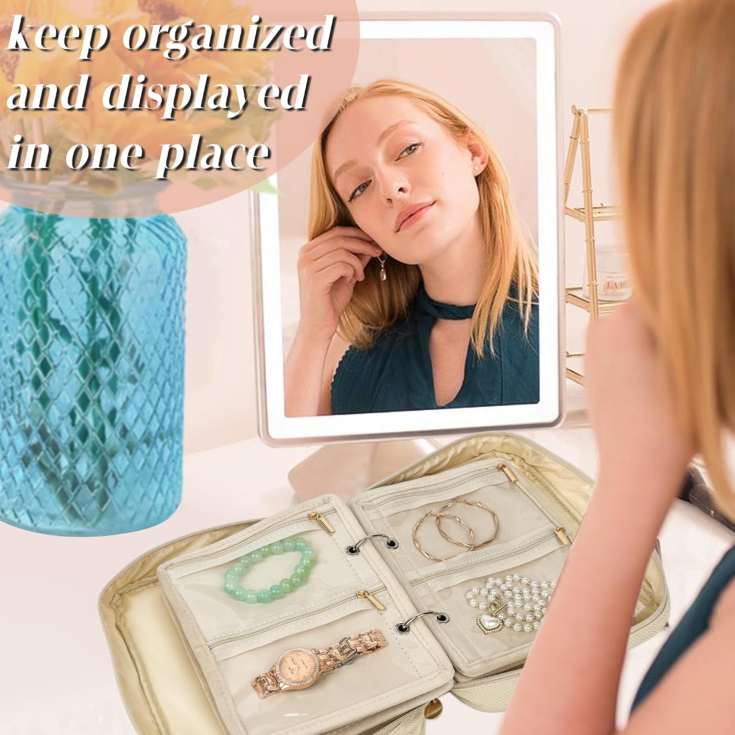Travel Jewelry Organizer Case,Jewelry Bags for Traveling, Jewelry Binder with 24 Pcs Clear Zipper Velvet Pouches for Storing Earrings, Rings, Necklace, Bracelet, Watch (Beige) - Image 5