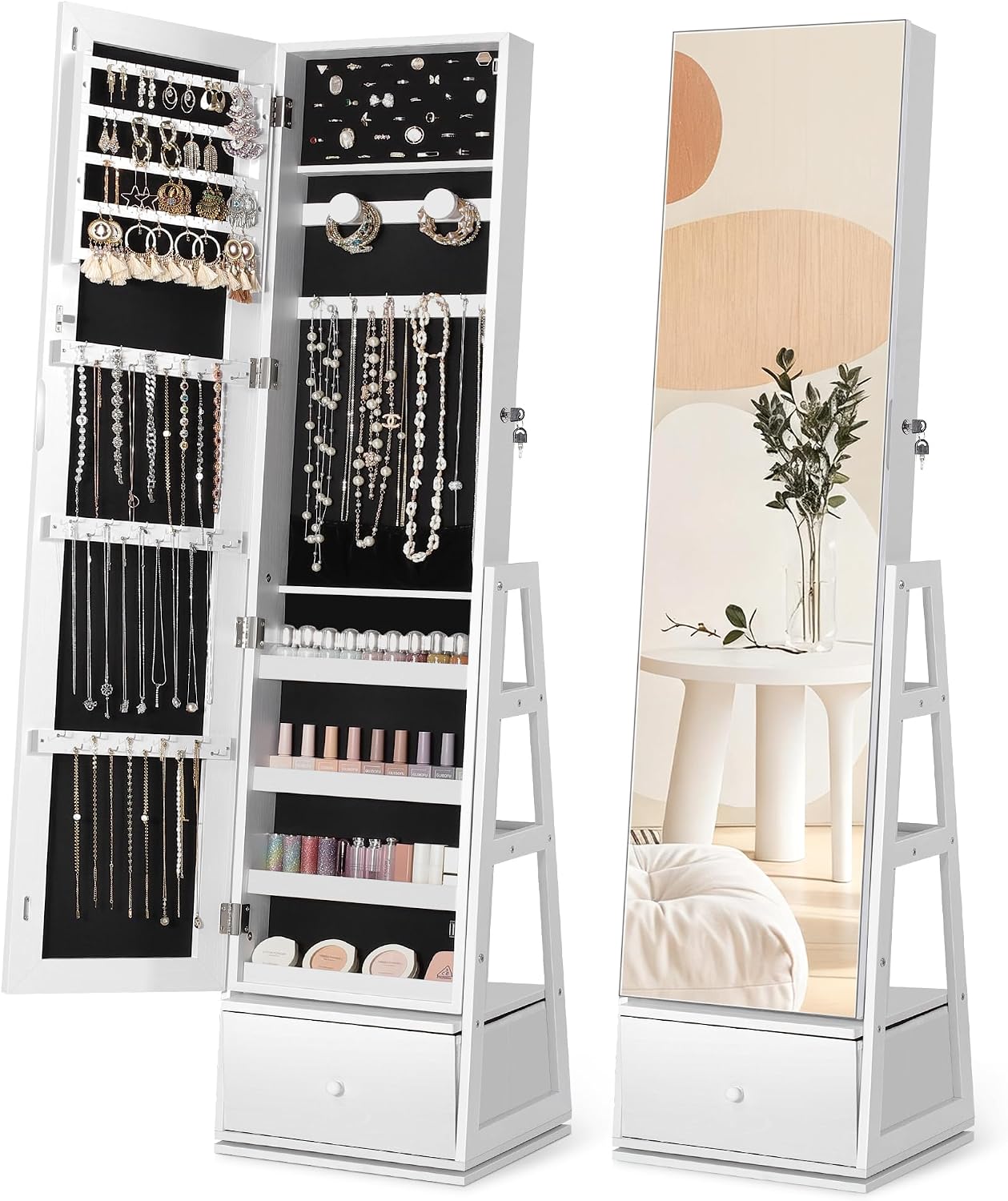360° Swivel Jewelry Cabinet, Full Length Mirror, Lockable | Rotatable Jewelry Armoire Organizer, Standing Mirror with Storage, 3 Rear Shelves + Bottom Drawer, Gift Idea, Pure White