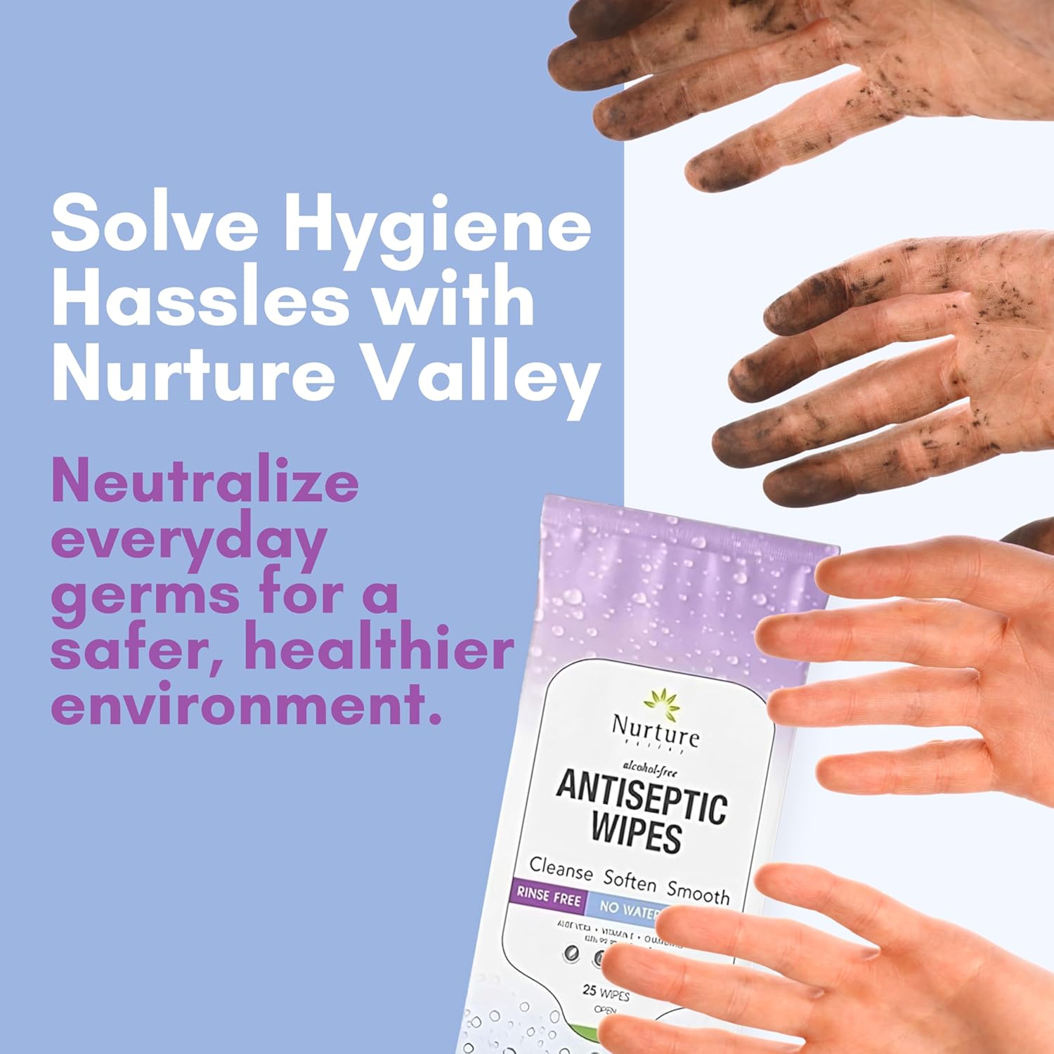Nurture XL Antibacterial Body & Hand Sanitizing Cloths - 25 Wipes, 3 Pack | Ultra thick, strong moist wet towelettes offer gentle daily skin refreshing care for adults or baby; soft smooth foam pure - Image 3