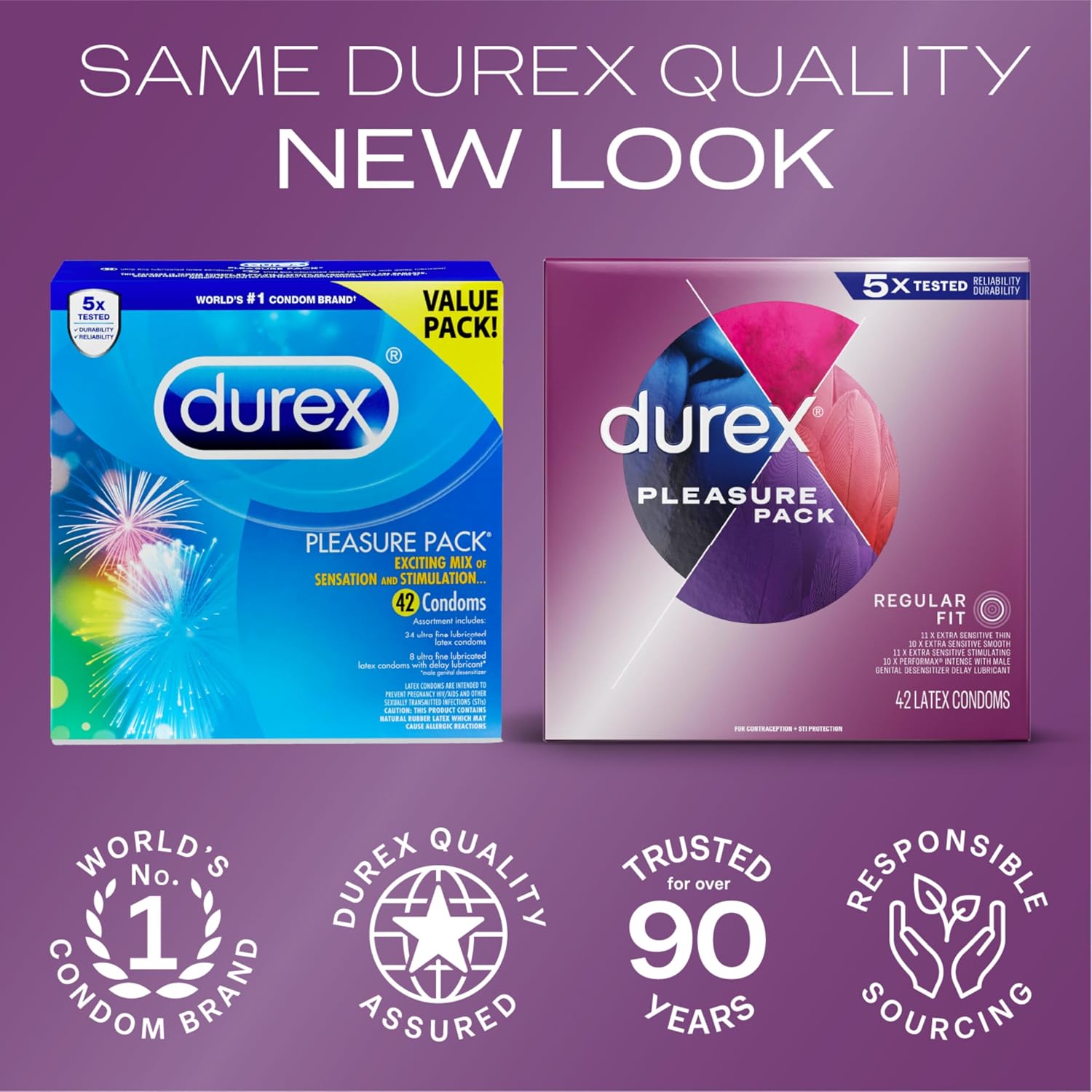 Durex Pleasure Pack Assorted Thin Condoms, Exciting Mix of Sensation and Stimulation, Lubricated Natural Rubber Latex Condoms for Men, 42 Count - Image 2