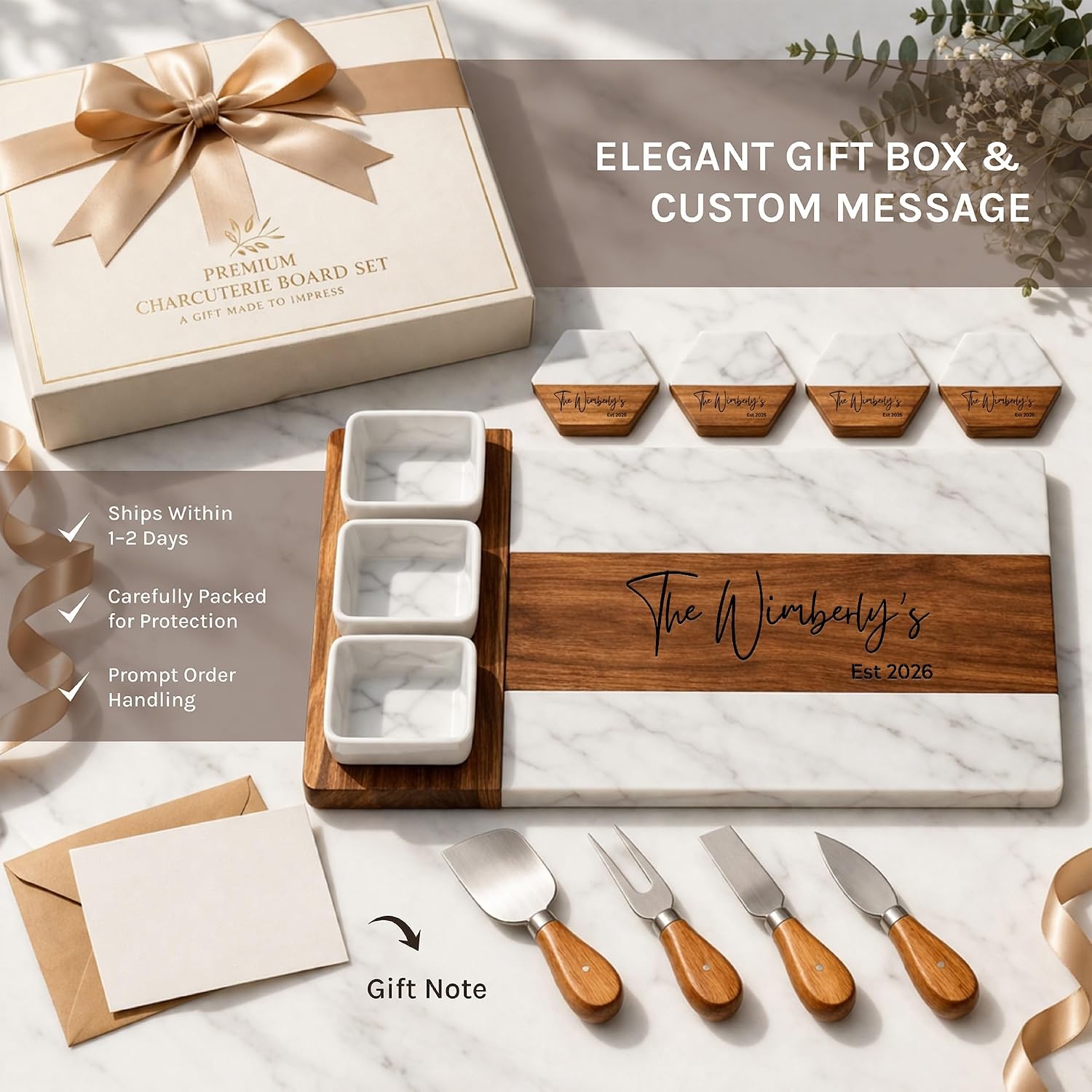 Personalized Charcuterie Board Set - Custom Engraved Wooden Marble Cheese Board with Knife Set - Best Wedding Gift for Couples, Bridal Shower, Engagement, Anniversary, Housewarming & Gift for Parents - Image 6