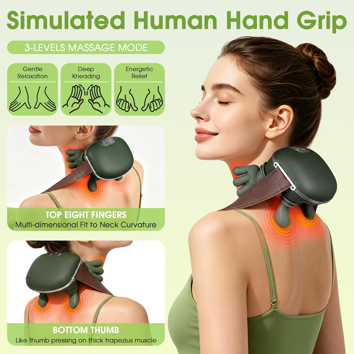 Anzzat Neck Massager with Heat Cordless Portable Neck and Shoulder Massager | 4D Kneading Back Massager with Bionic Fingers for Comfort, Relax Muscle Tension (Green) - Image 2