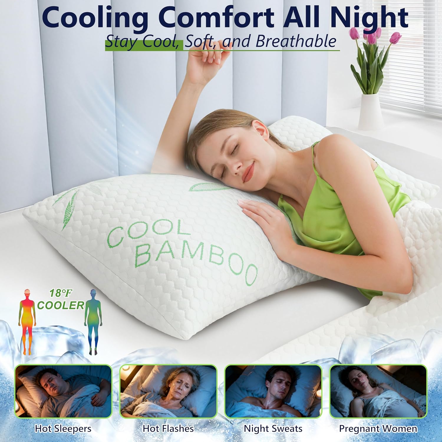 Memory Foam Pillows, Cooling Pillows Queen Size Set of 2 Adjustable Firm Bamboo Bed Pillows for Hot, Side, Back and Stomach Sleepers - Image 2
