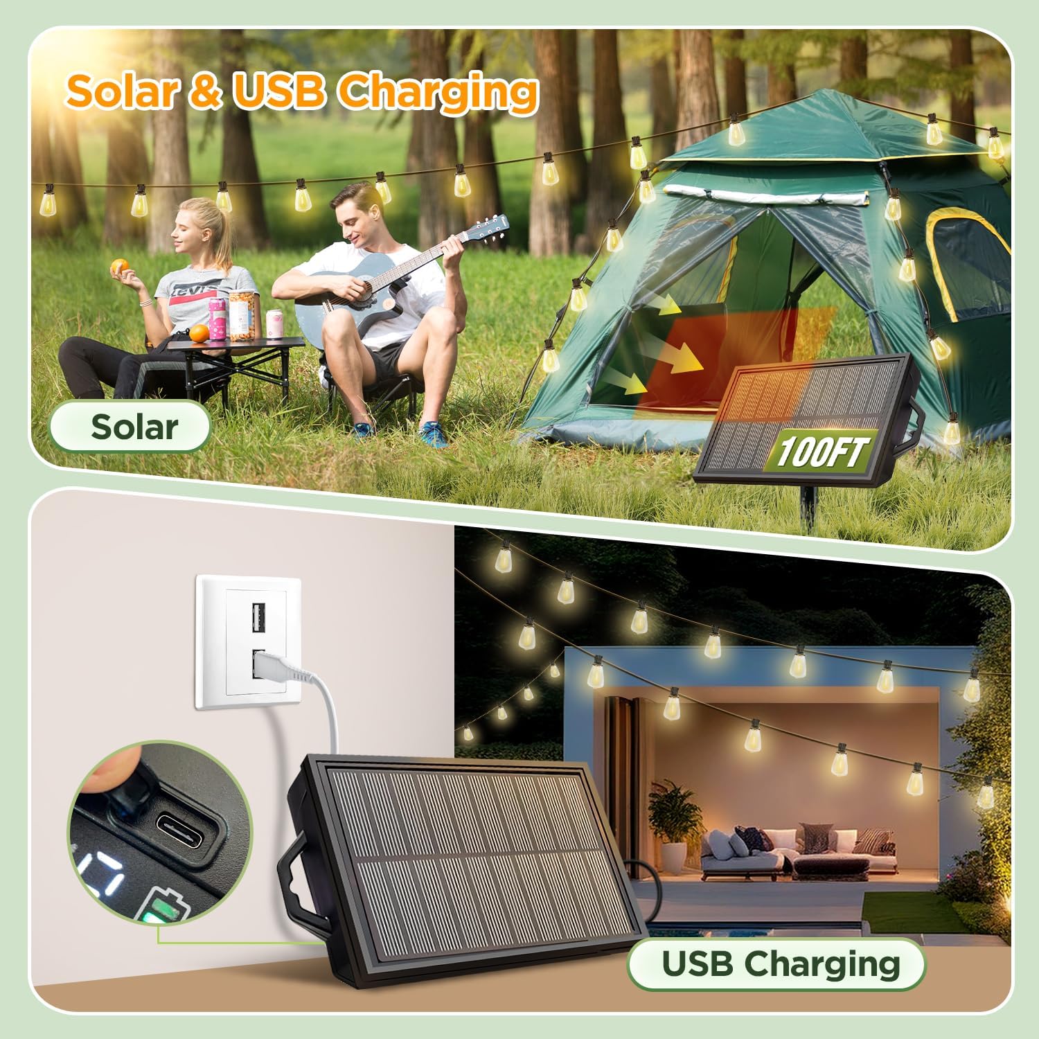 100FT Solar String Lights Outdoor Waterproof with Remote & Timer, LED Shatterproof ST38 Bulbs, USB & Solar Powered Patio Lights for Backyard, Porch, Garden, Wedding Decor, Dusk to Dawn Lighting - Image 3