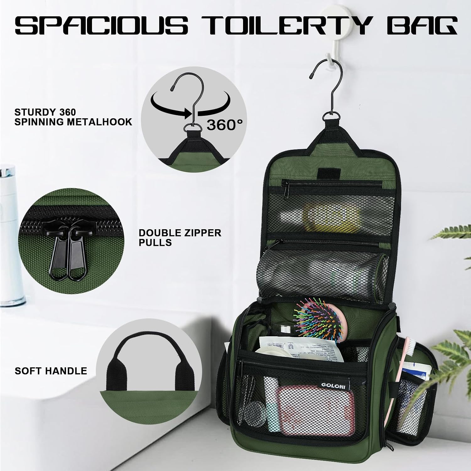 Hanging Toiletry Bag, 10 Compartments Water-Resistant Makeup Bag with 360° Spinning Metal Hook, Large Travel Cosmetic Organizer for Men & Women, Green (7.05oz) - Image 4