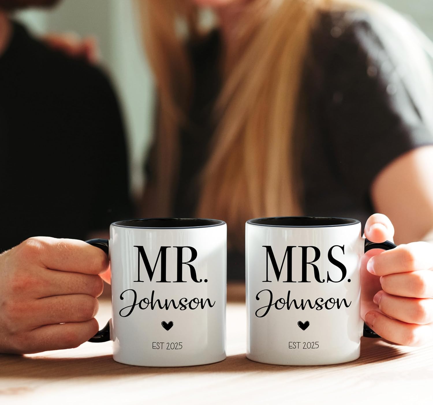Personalized Mr & Mrs Coffee Mug Set | Customized Couple Gift Set for Engagement, Wedding, Anniversary, Valentine's Day | Custom Name Ceramic Tea Cup | 11 oz (White - Black) - Image 2