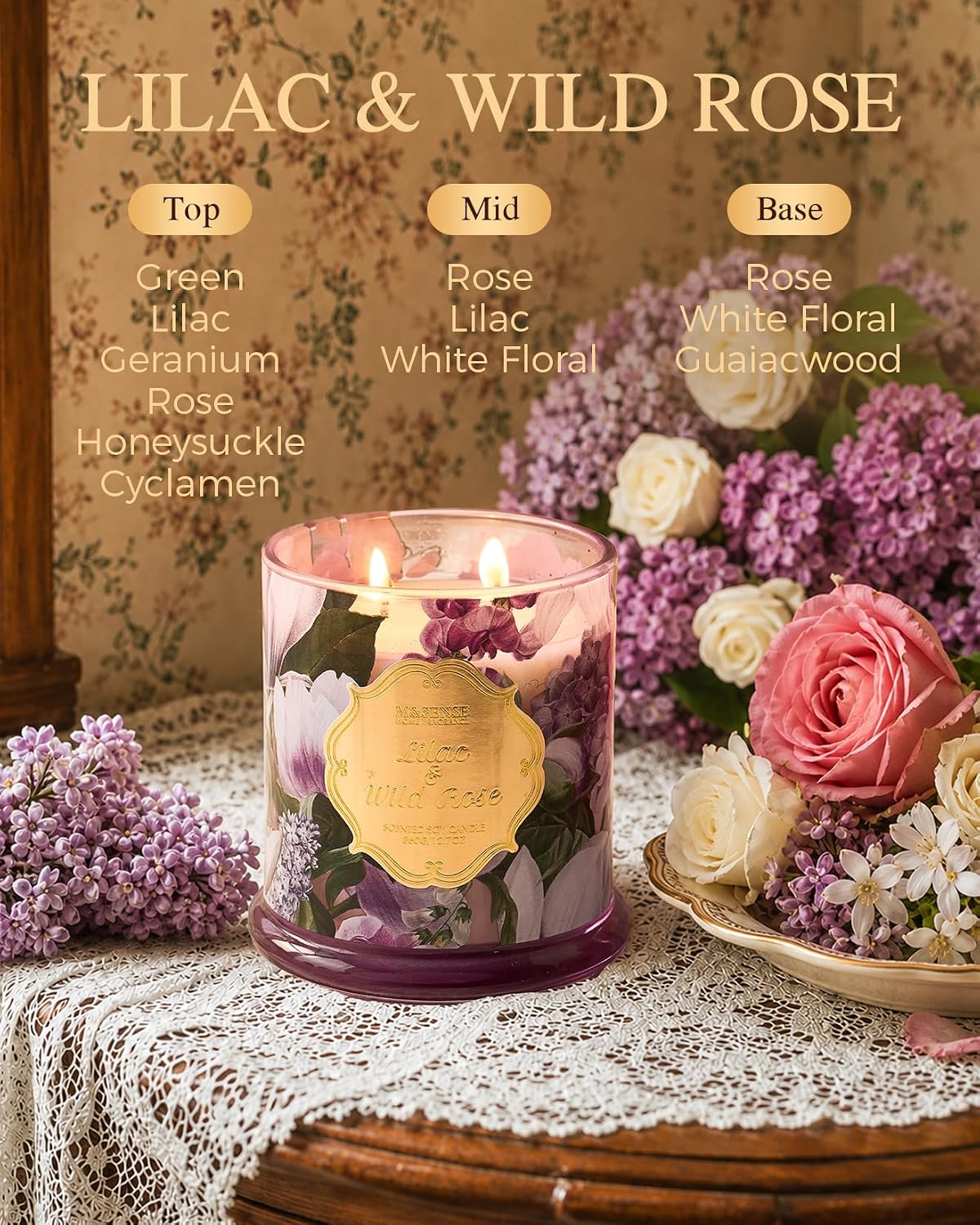 M&SENSE Lilac Wild Rose Non Toxic Large Soy Candle, 12.7oz Romance Scent | Natural Non Toxic for Home Scented, Housewarming Gift for Women - Image 2