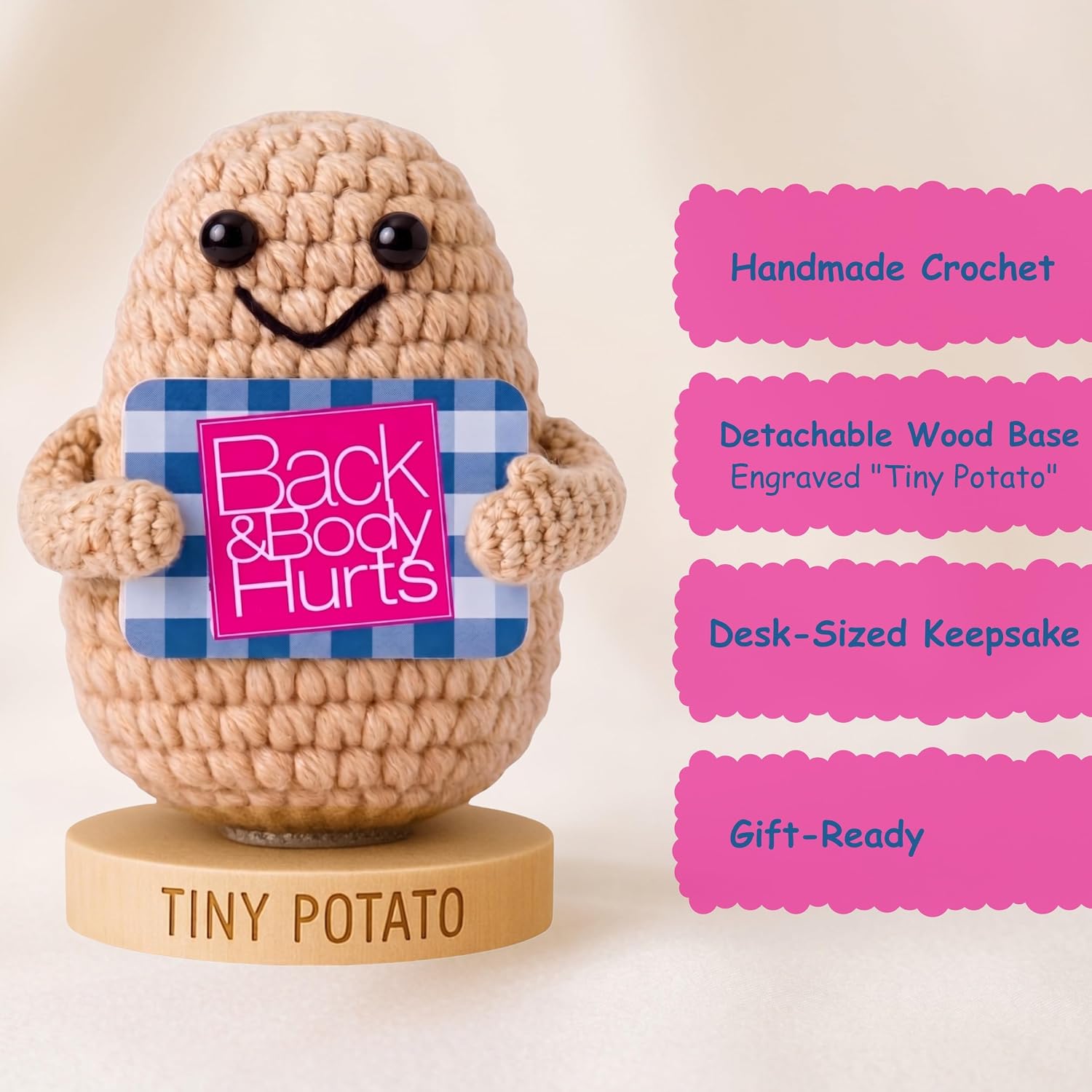 Back and Body Hurts Positive Crochet Potato - Funny Gag Gifts for Women Men Coworkers - Handmade Desk Buddy & Office Gift - Funny Birthday, Get Well and Goodbye Gifts for Coworkers, Best Friends - Image 3