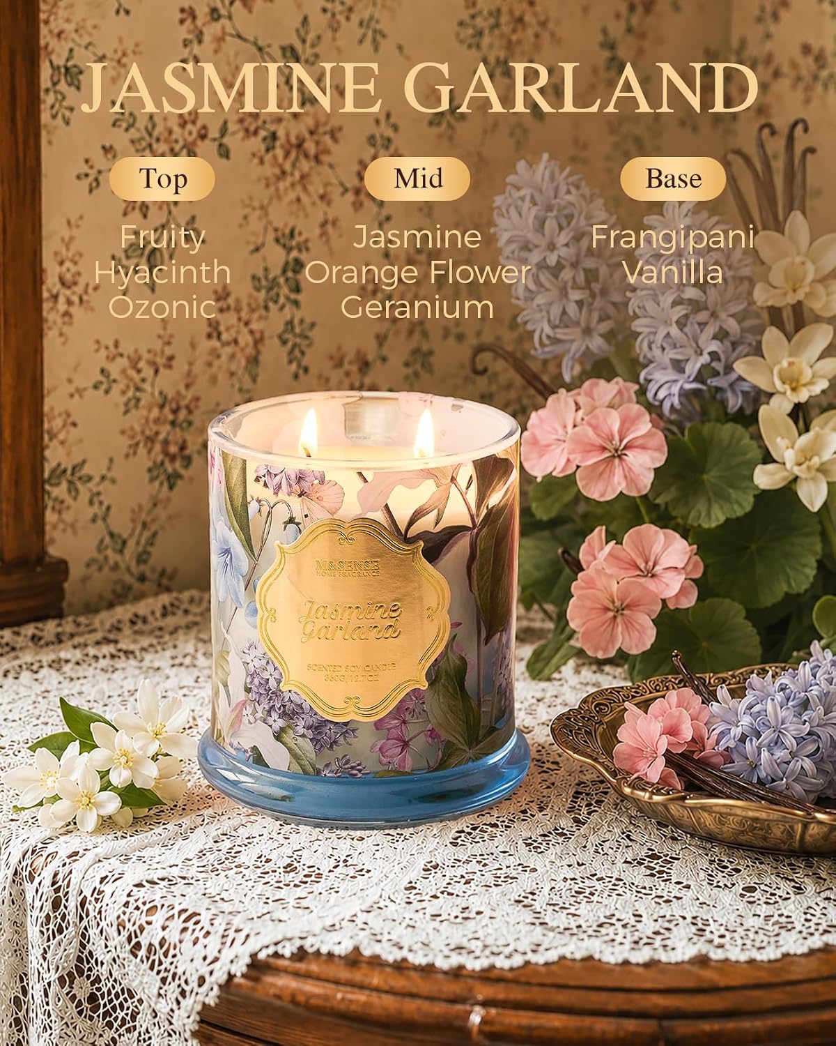 M&SENSE Jasmine Garland Non Toxic Large Soy Candle, 12.7oz Floral Scent | Natural Non Toxic for Home Scented, Housewarming Gift for Women - Image 2