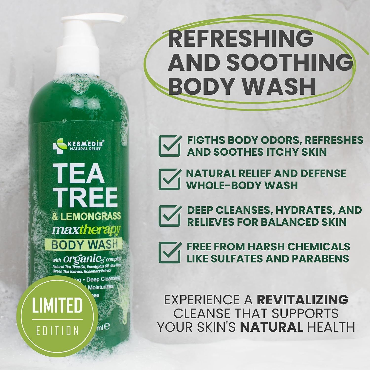 KESMEDIK Tea Tree Lemongrass Body Wash MaxTherapy with 100% Tea Tree Oil for Skin & Fresh Lemongrass | Purifying Body Soap, Soothes & Refreshes Sensitive, Itchy Skin, Men & Women, 16 Fl Oz (Pack of 2) - Image 4