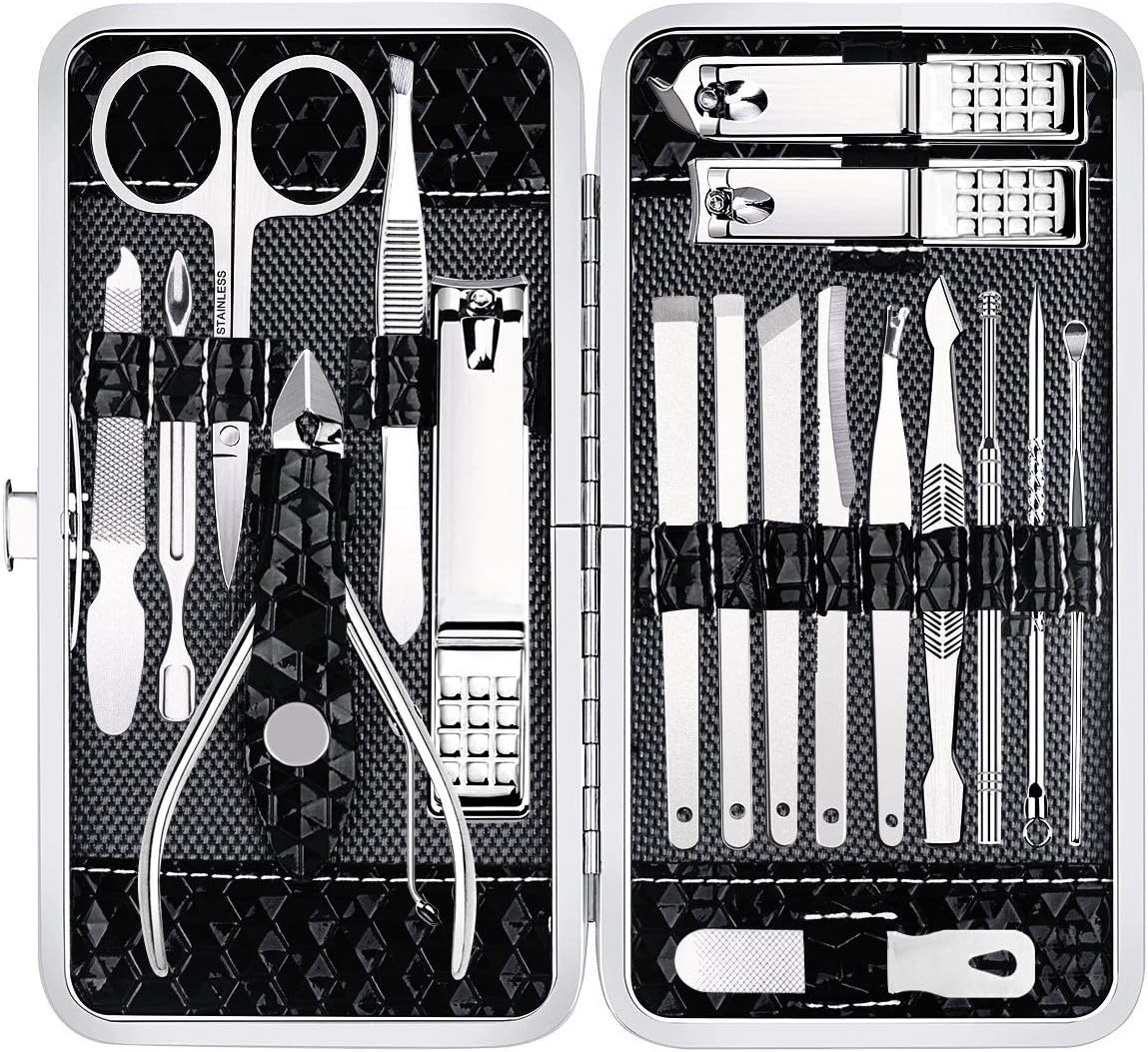 Yougai Manicure Set 18Pcs Stainless Steel Nail Clippers Set with Case Black | Professional Manicure Kit, Fingernail Toenail Cutters for Men & Women, Pedicure Kit Foot Care, Gift for Family & Friends