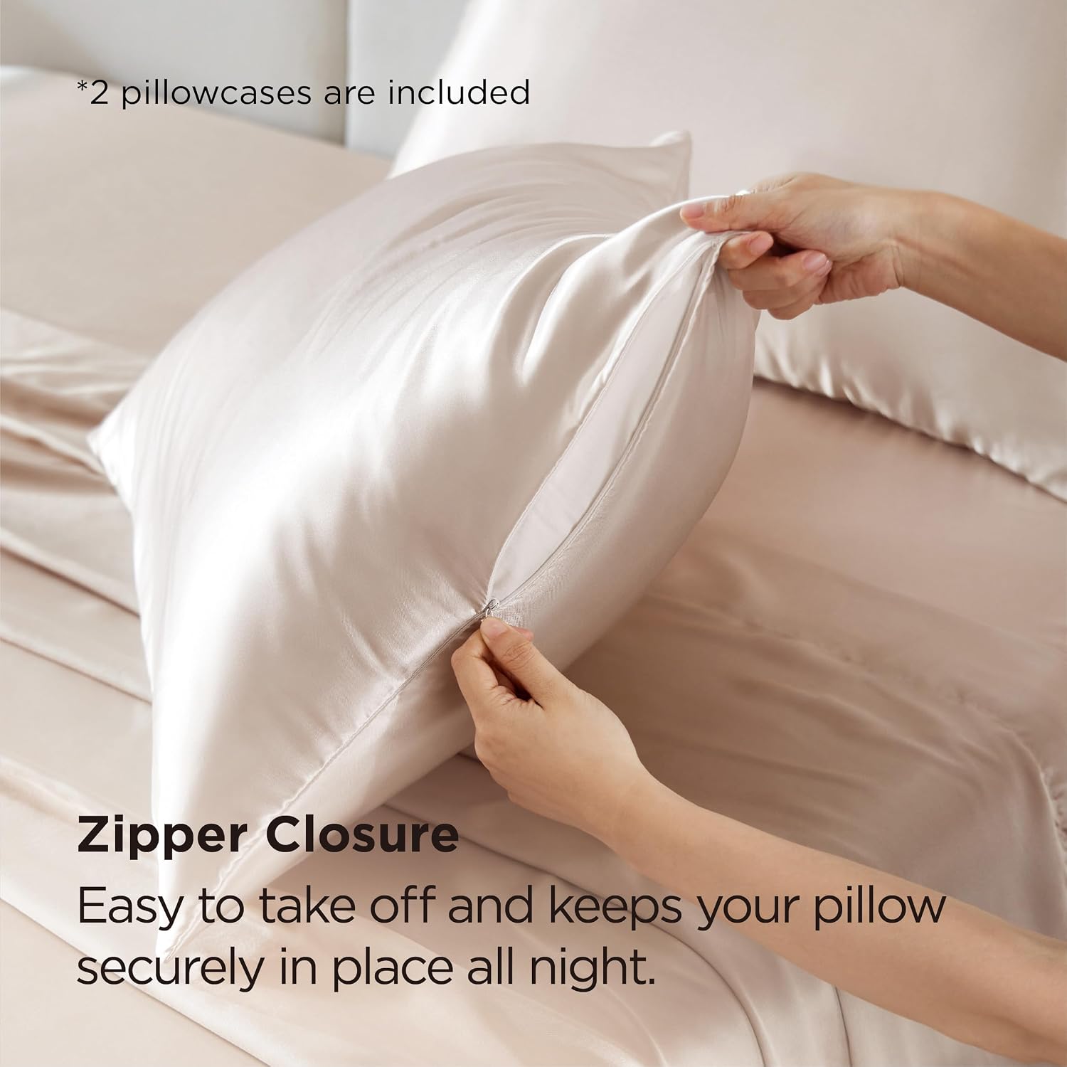 Bedsure Satin Pillowcase with Zipper, Similar to Silk Pillow Cases 2 Pack, Beige Standard Size Satin Pillow Case, Silky & Soft Pillow Covers, Valentines Day Gifts for Women Men, 20x26 Inches - Image 5