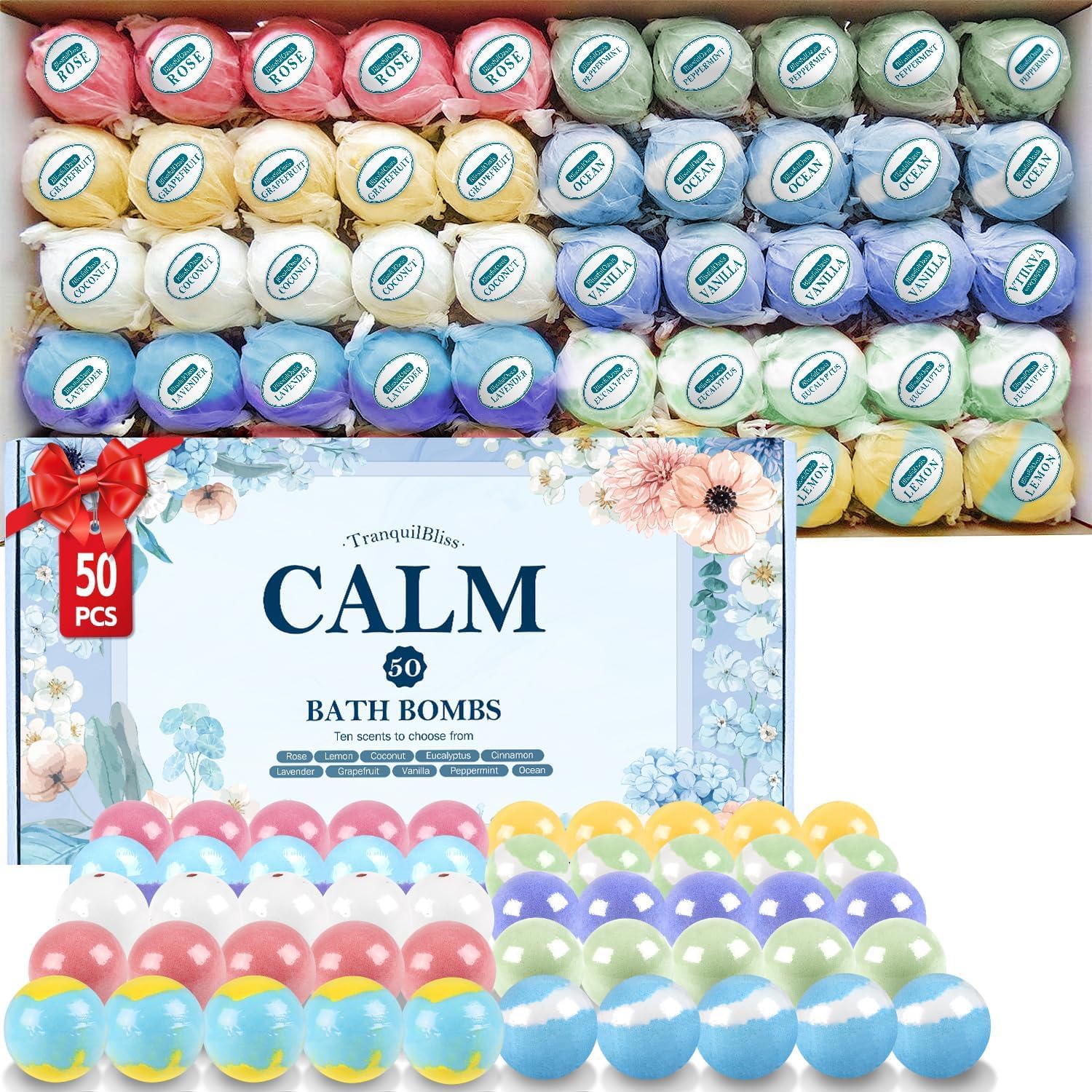 Bath Bombs Set 50 PCS with 10 Scents, Natural Bathbombs, Blue | With Shea Butter & Safe Oil, Bubble Bombs for Women, Ideal for Mother's Day, Valentine's Day, Christmas, Birthday Present