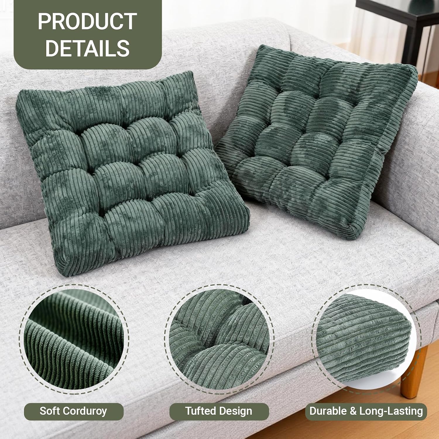 Meditation Floor Pillow Set of 2,Memory Foam Meditation Cushion for Adults Sitting, Large Square Thickened Seat Cushions for Yoga, Tatami Living Room (2, Dark Green) - Image 5