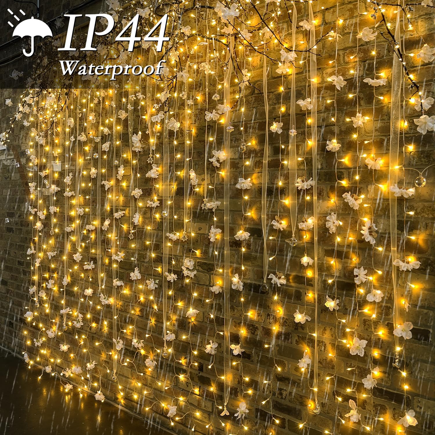 300 LED Warm White Curtain String Lights 9.8x9.8FT, Plug in Fairy Lights with 9 Hooks, Dimmable, Timer & 8 Modes, IP44 Waterproof, Bedroom Wall Wedding Backdrop Christmas Indoor Outdoor Decor - Image 4