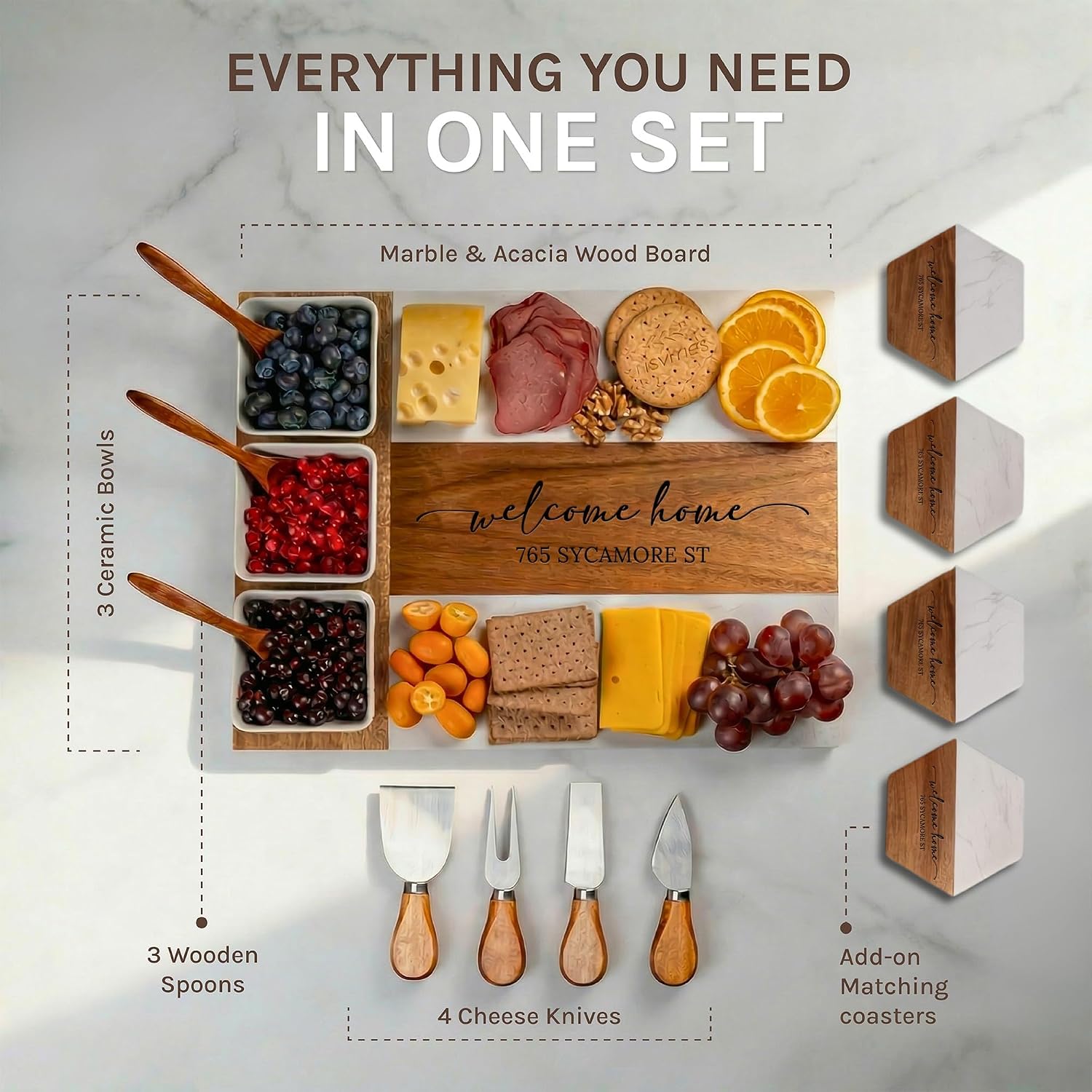Personalized Charcuterie Board Set - Custom Engraved Wooden Marble Cheese Board with Knife Set - Best Wedding Gift for Couples, Bridal Shower, Engagement, Anniversary, Housewarming & Gift for Parents - Image 4