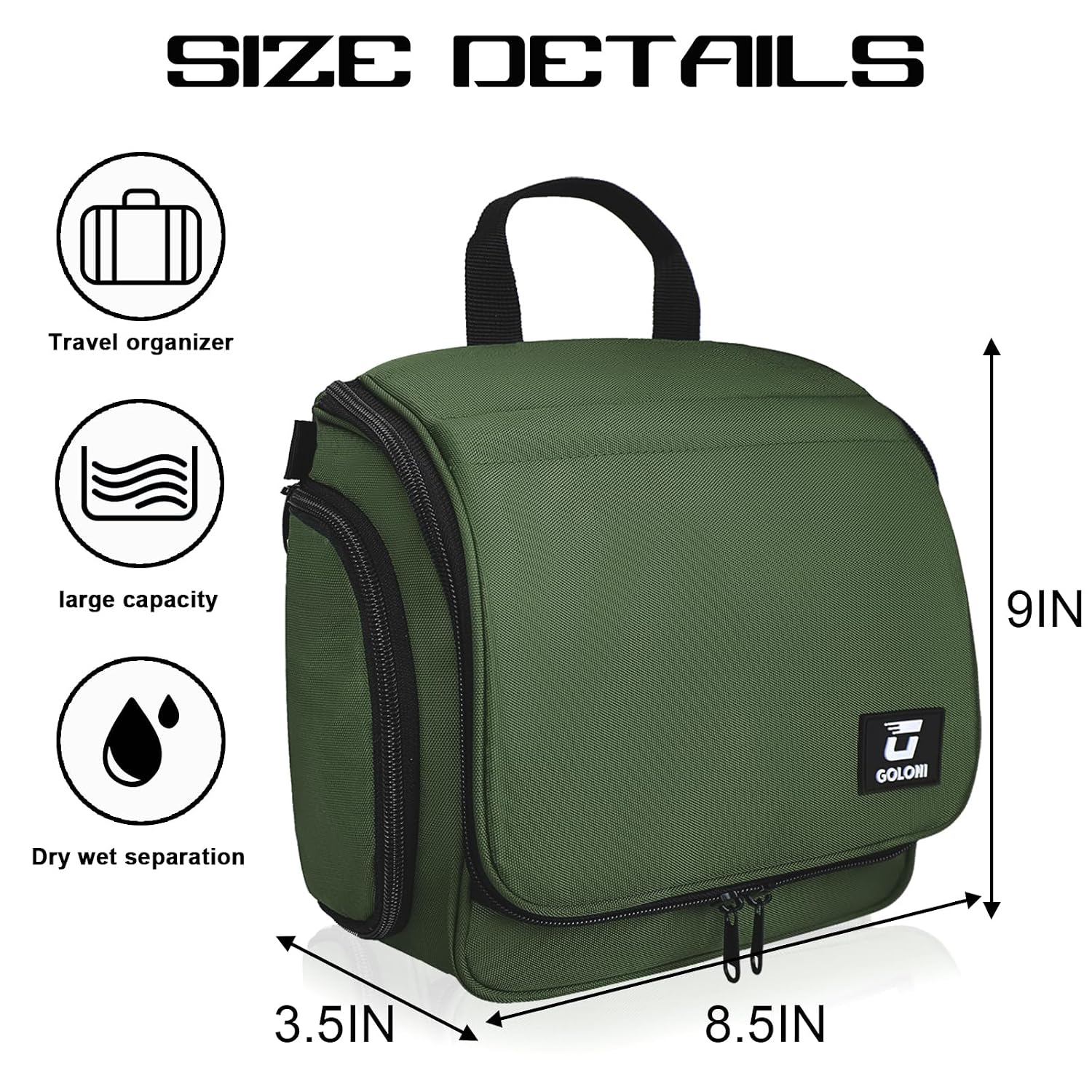 Hanging Toiletry Bag, 10 Compartments Water-Resistant Makeup Bag with 360° Spinning Metal Hook, Large Travel Cosmetic Organizer for Men & Women, Green (7.05oz) - Image 2