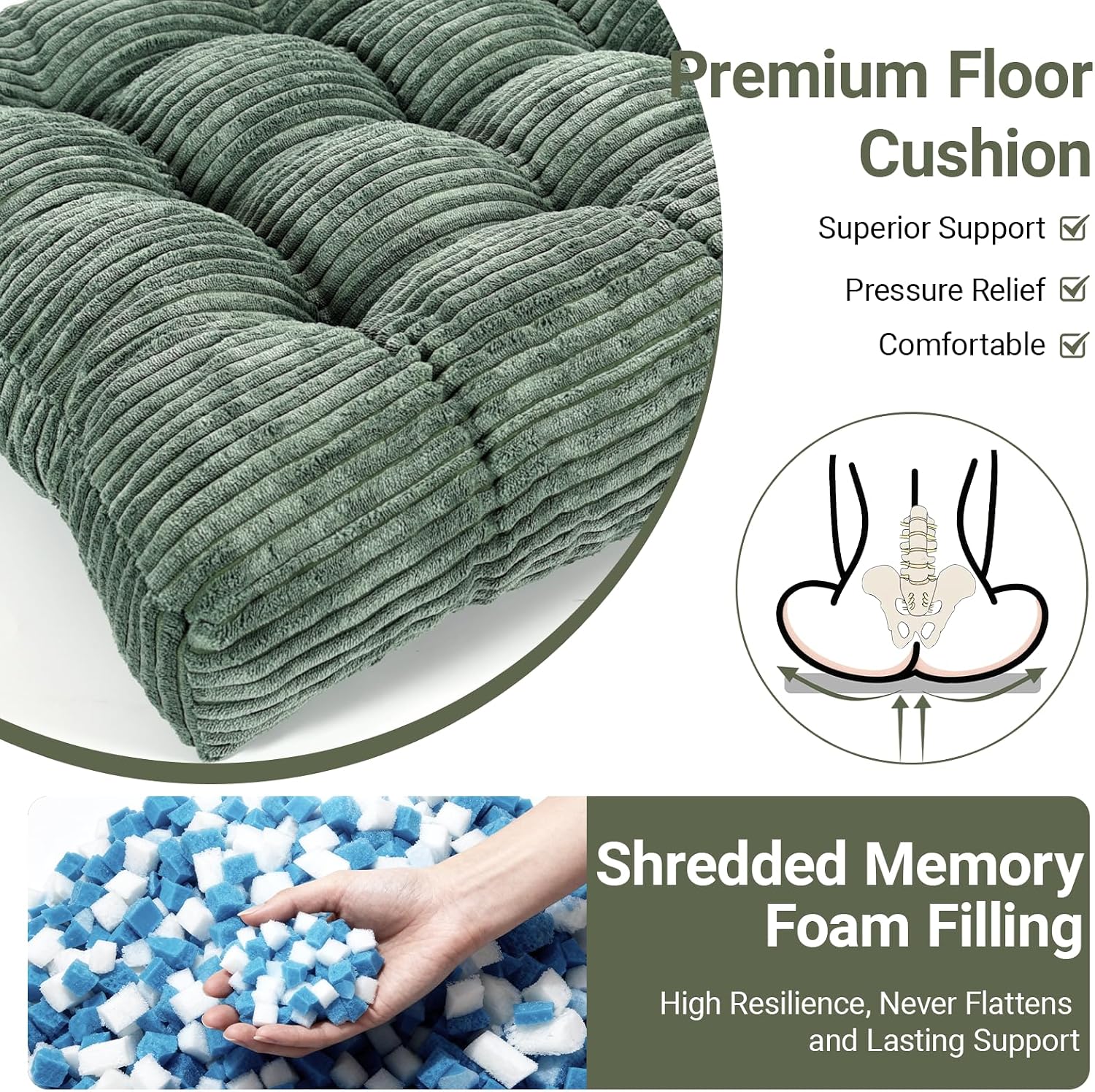 Meditation Floor Pillow Set of 2,Memory Foam Meditation Cushion for Adults Sitting, Large Square Thickened Seat Cushions for Yoga, Tatami Living Room (2, Dark Green) - Image 4