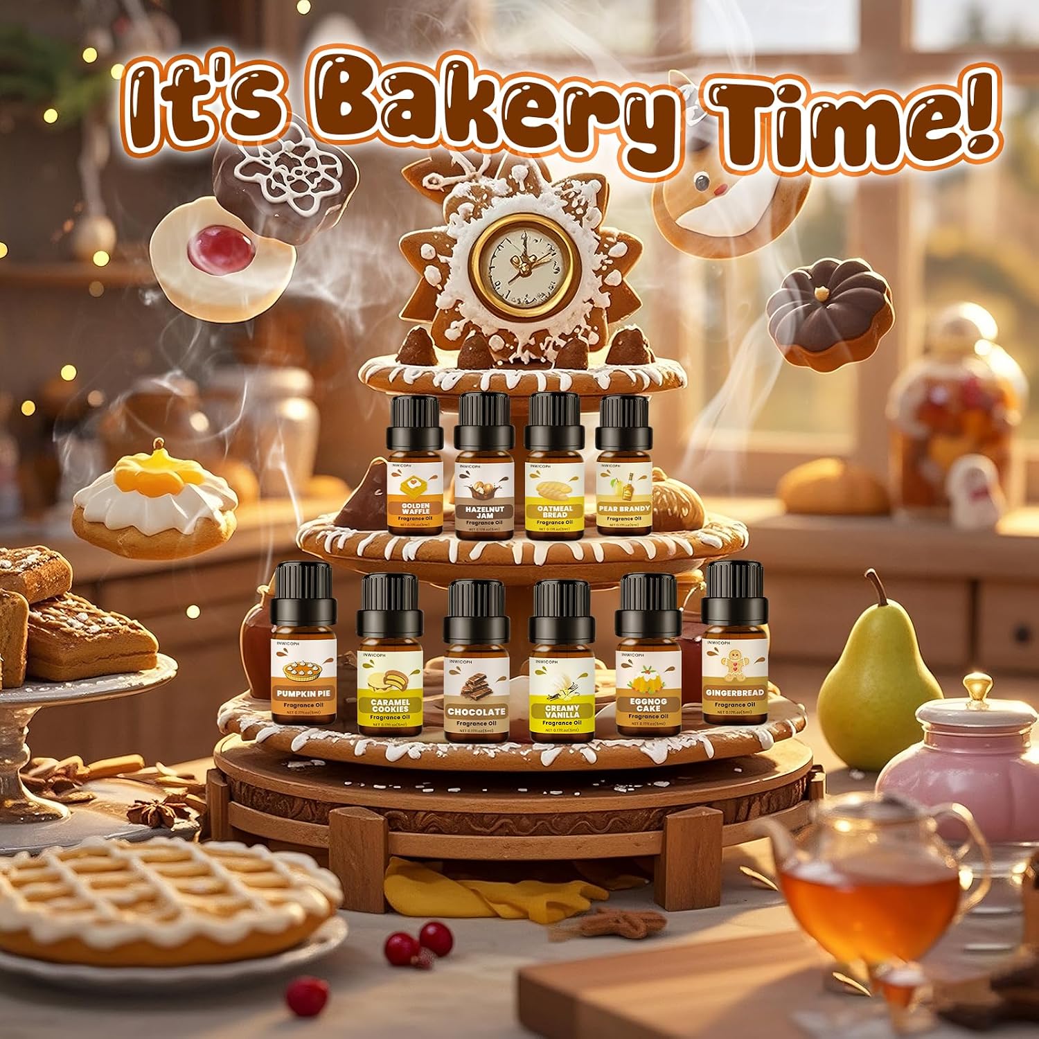 Bakery Essential Oils Set (10 × 5ml), INWICOPH Fragrance Oil for Soap & Candle Making - Pumpkin Pie, Golden Waffle, Hazelnut, Eggnog Cake Aromatherapy Scented Oils - Image 2
