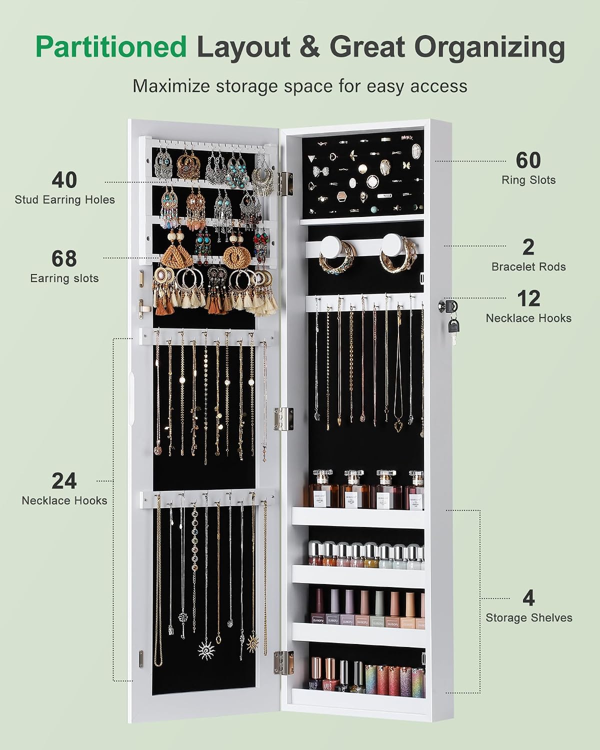Hanging Jewelry Cabinet, Jewelry Organizers and Storage, White | Lockable Jewelry Armoire Organizer, Over the Door Mirror with Jewelry Storage, Full Length, Gift Idea, Easy Assembly - Image 3