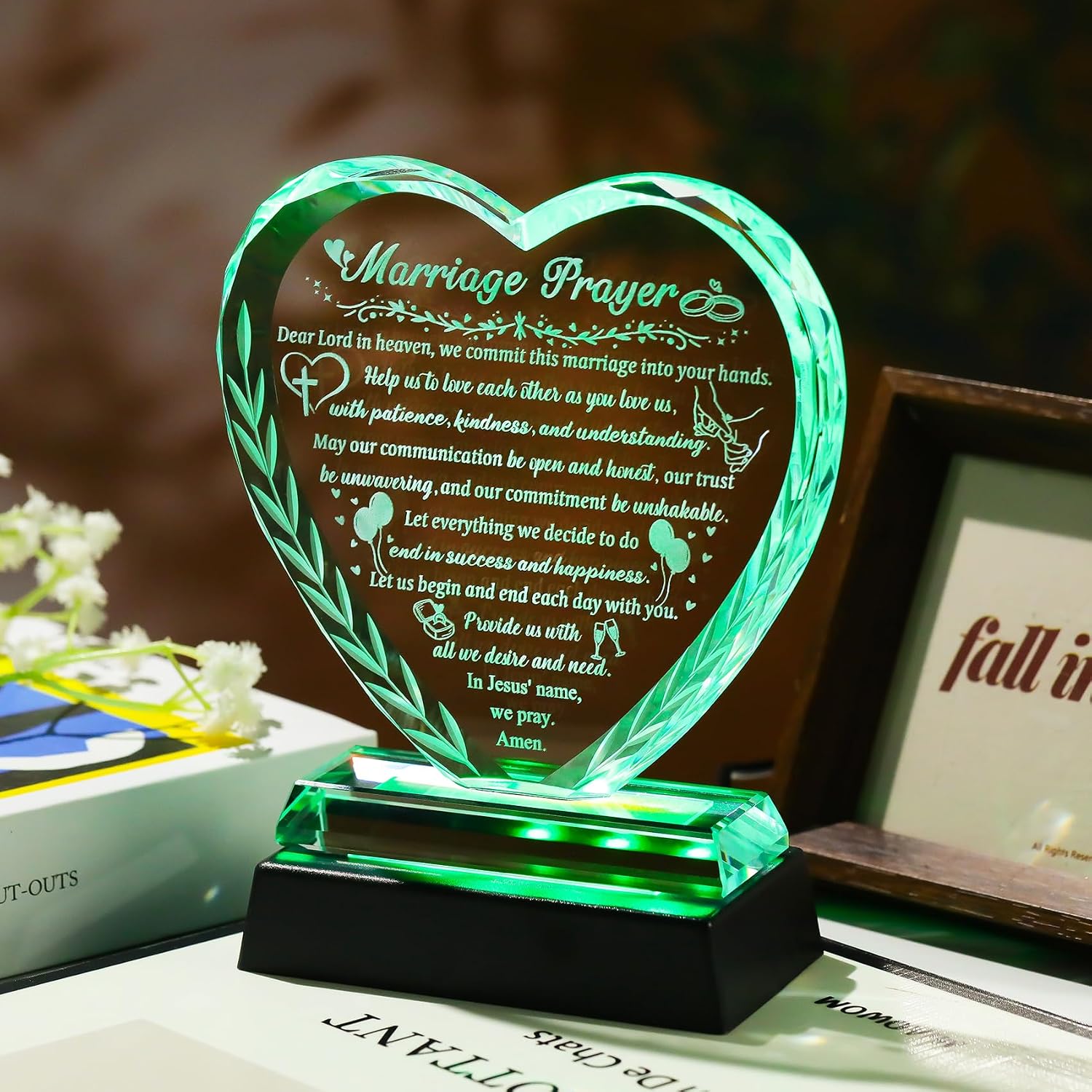 Arikyrist Crystal Heart Wedding Gifts for Couple 2026 Newlyweds | LED Light Base, Happy Anniversary Marriage Engagement Prayer Plaque with Inspiring Quotes, Mr and Mrs Bridal Shower Gift Idea - Image 4