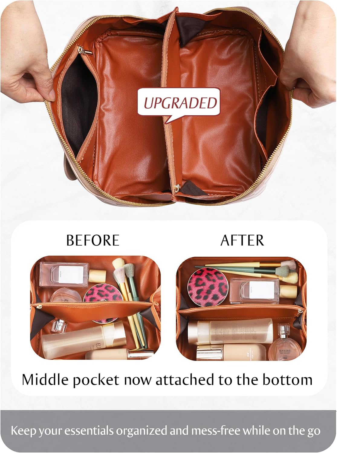 Large Capacity Travel Cosmetic Bag - Open Flat Makeup Bags for Women Waterproof PU Leather Checkered Makeup Organizer Bag,Toiletry Bag for Cosmetics, Portable Make up Bag for Travel Essentials, Khaki - Image 4