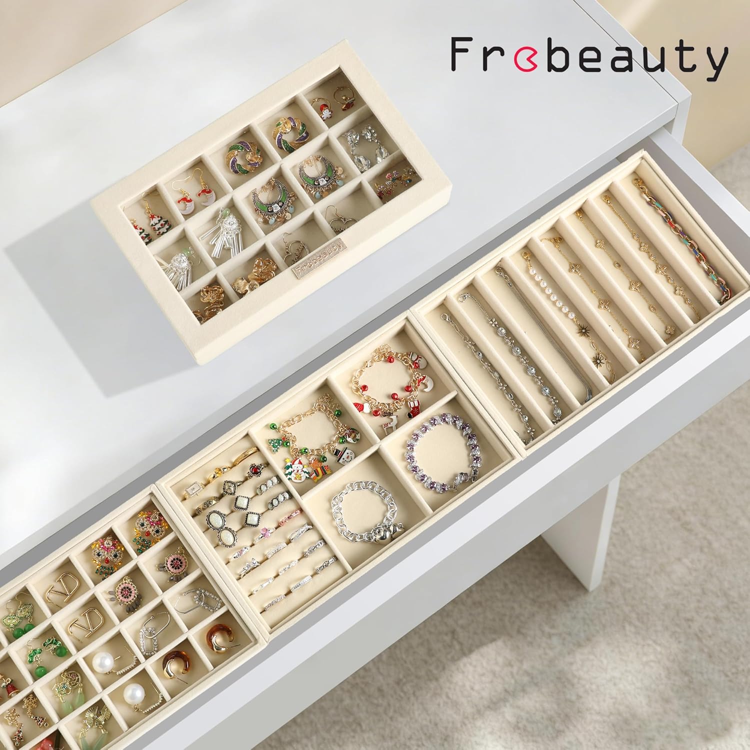 Stackable Jewelry Trays,Set of 4 Jewelry Organizer for Drawer | Glass Lid,Removable Dividers,Real Stackable Design,Velvet Material,Drawer Inserts,Jewelry Box for Earring Rings and Necklace - Image 2