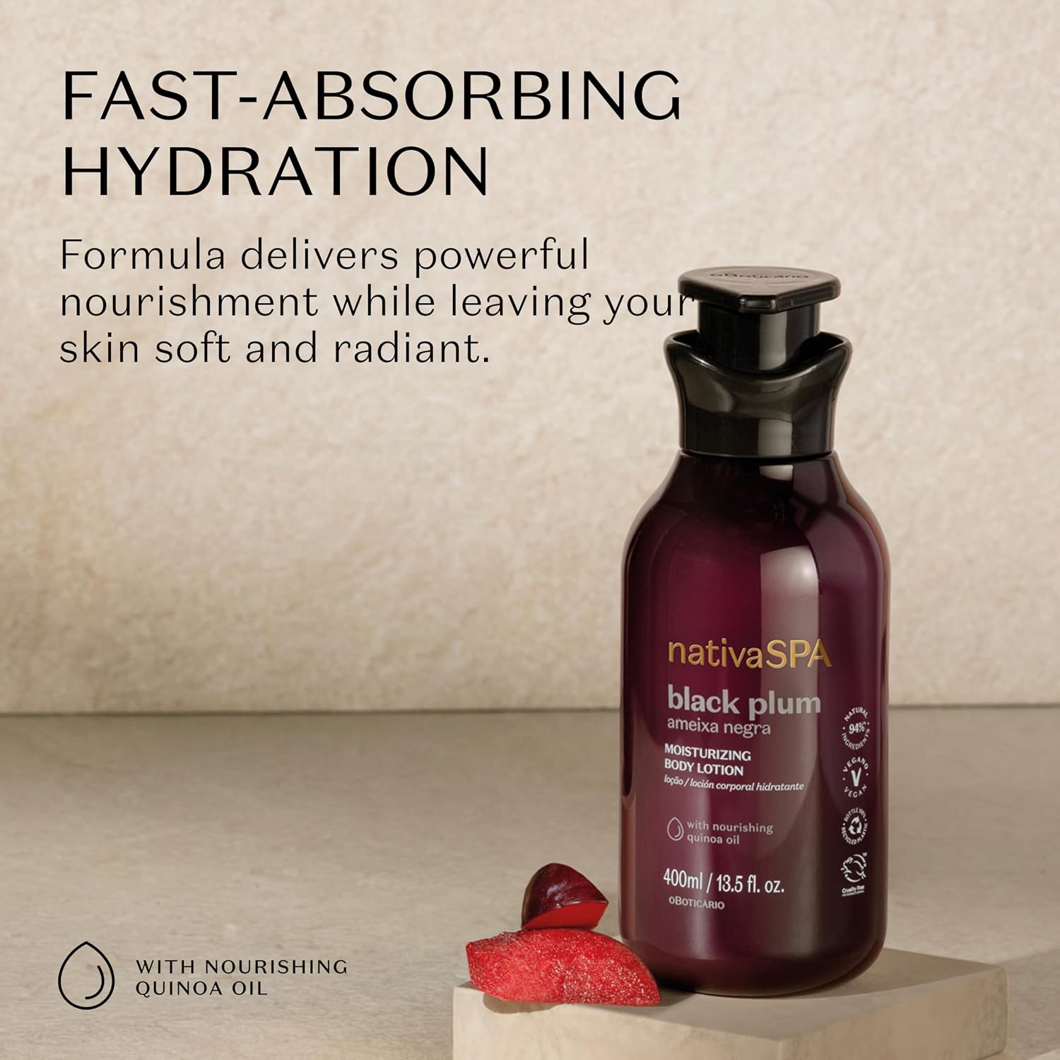 Nativa SPA by O Boticário, Black Plum Moisturizing Body Lotion, Long-Lasting Hydration and Lightweight, Fragranced Moisturizer, 13.5 Ounce | Lightweight fragranced moisturizer delivering long-lasting hydration. Absorbs much quicker than heavy cocoa butter creams. - Image 2