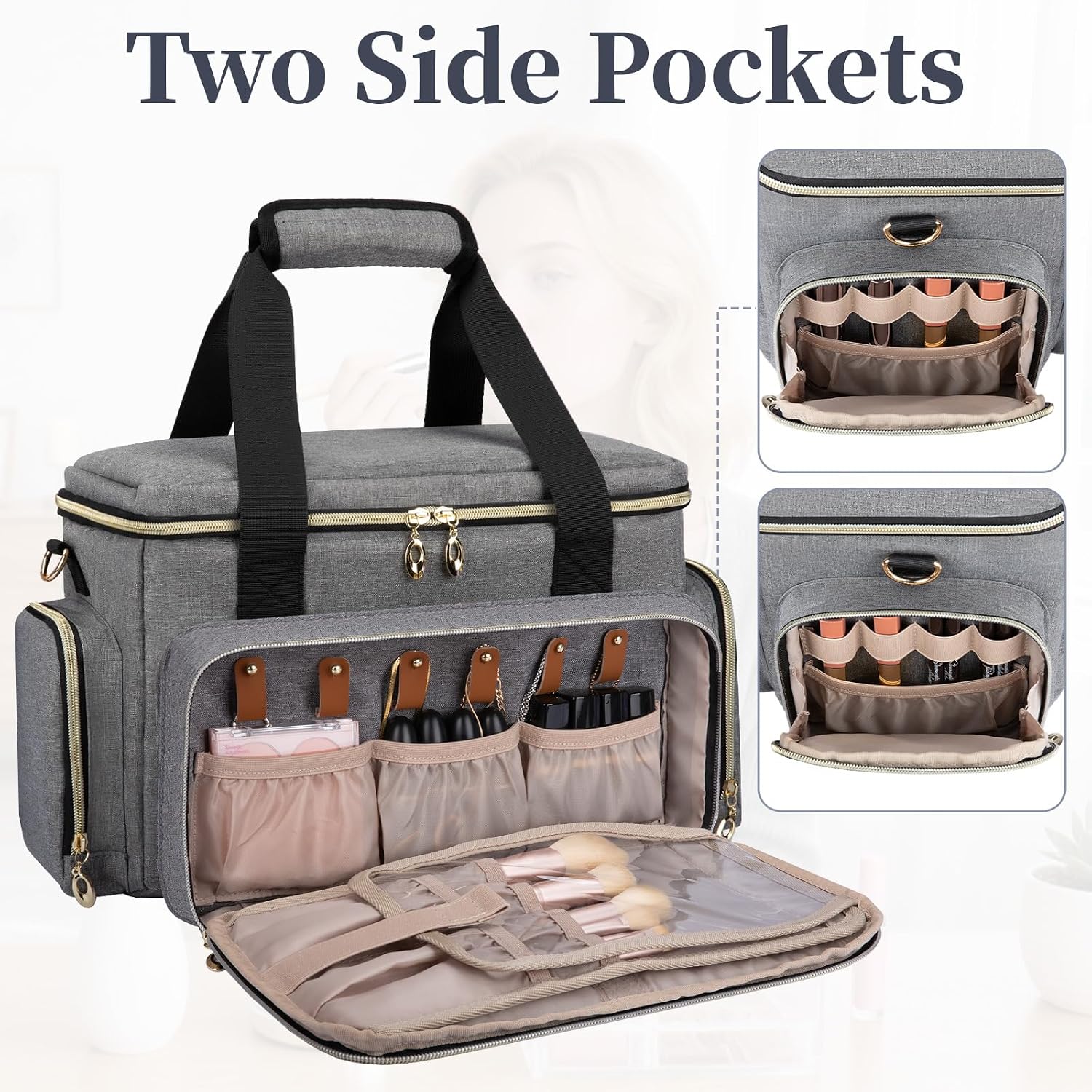 GDNasist Large Makeup Bag, Portable Travel Makeup Bag Organizer | Cosmetic Travel Bag for Women Girls with 2 Removable Pouches & Detachable Dividers, Toiletry Bag for Makeup and Hair Supplies - Image 8