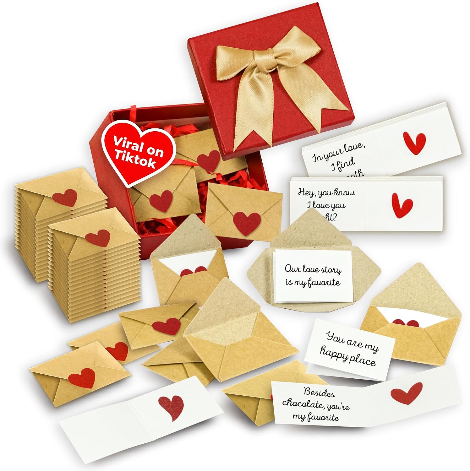 STOFINITY 60 Mini Love Notes with Envelopes, I Love You Gifts for Him, Her | 45 pre written notes, 15 small blank cards, 60 tinny envelopes