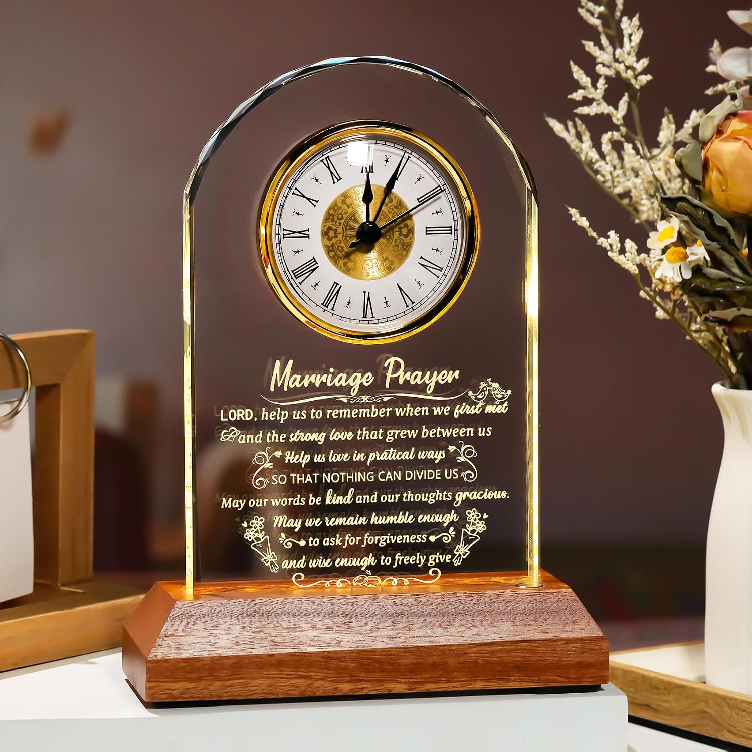 Arikyrist Glass Clock Wedding Gifts for Couples 2026 Newlyweds Gift Idea | Happy Anniversary, Marriage Prayer with Inspiring Quotes, Unique Mr and Mrs Engagement Presents, with Wooden Light Base - Image 3