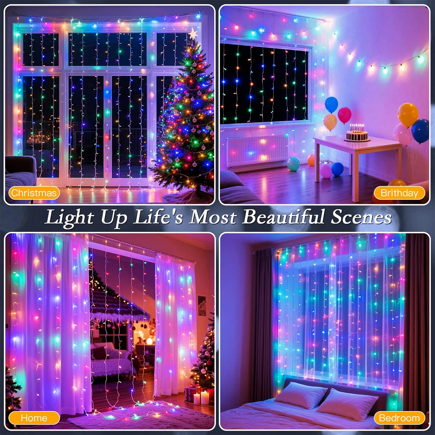 200 LED Multicolor Rainbow Curtain String Lights 9.8x6.6FT, Plug in Fairy Lights with 9 Hooks, Dimmable, Timer 8 Modes, IP44 Waterproof, Bedroom Party Wedding Christmas Indoor Outdoor Decor - Image 3