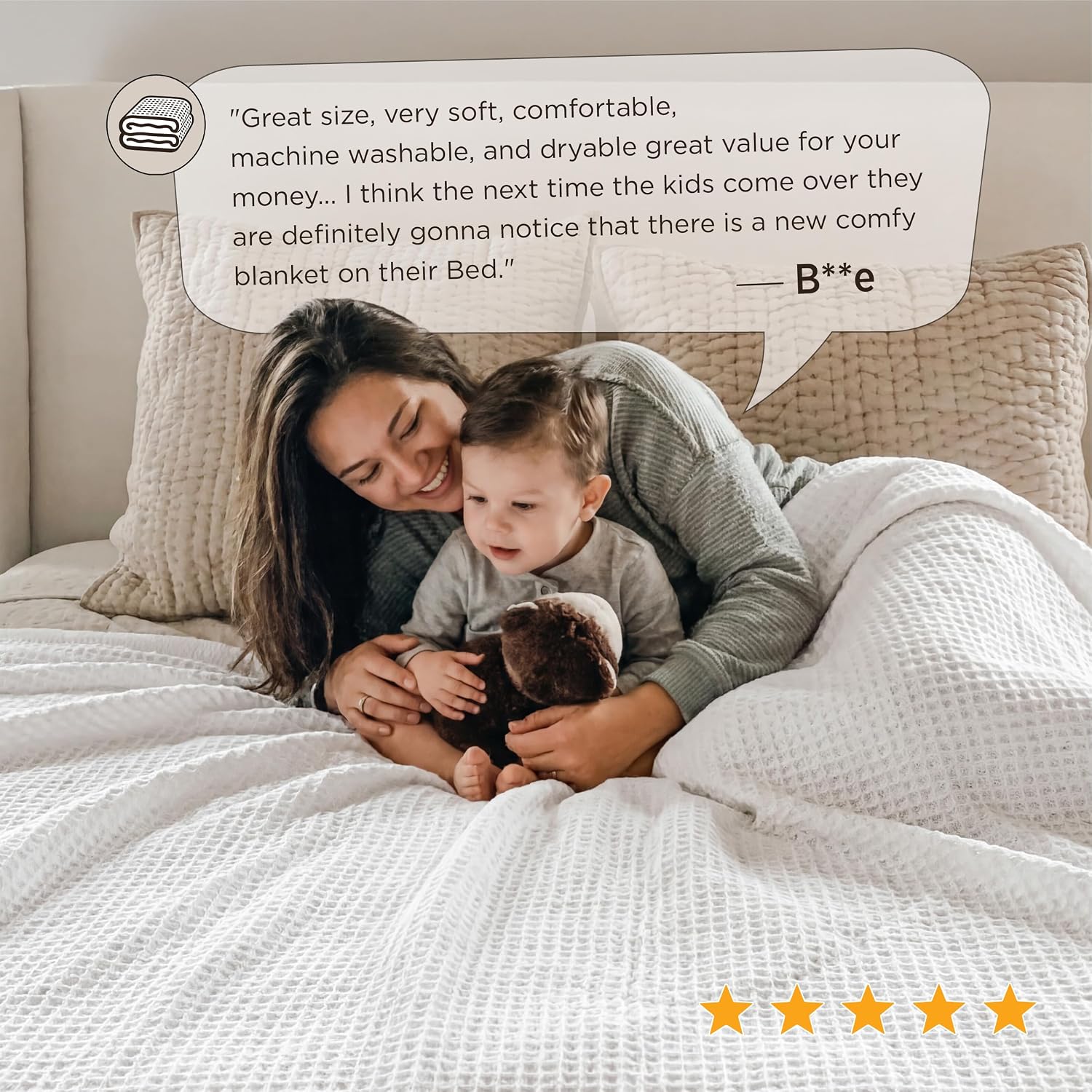 Bedsure 100% Cotton Blanket, Waffle Weave, Queen Size, White, 90"x90" | Breathable, Soft, Cozy, Cooling, Waffle Texture, Fall, Summer Blanket for Bed, Gifts for Women, Machine Washable, All Seasons - Image 5