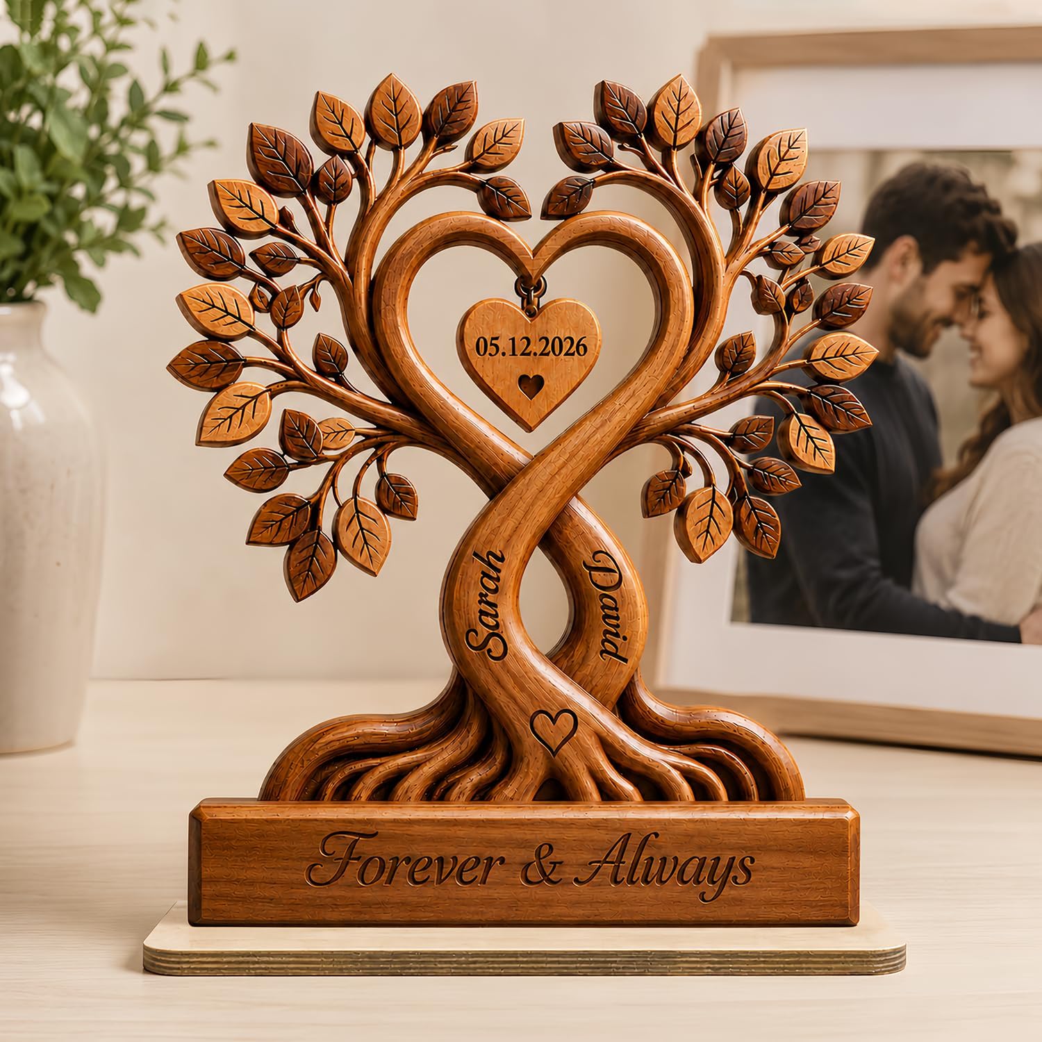 Personalized Couple Heart Tree Wooden Plaque, Custom Wooden Tree Plaque for Couples, Customized Couple Gifts for Him and Her, Wife Husband Birthday Gift, Anniversary Table Decorations