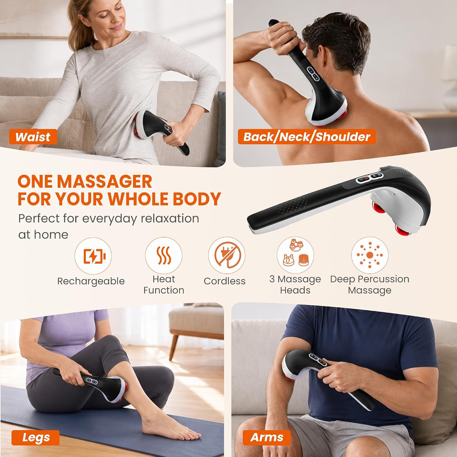Snailax Cordless Handheld Back Massager with Heat, Deep Tissue Percussion Massager, 3 Sets of Dual Pivoting Heads,Rechargeable Hand Held Massager for Neck,Back Shoulder,Calf,Legs - Image 8