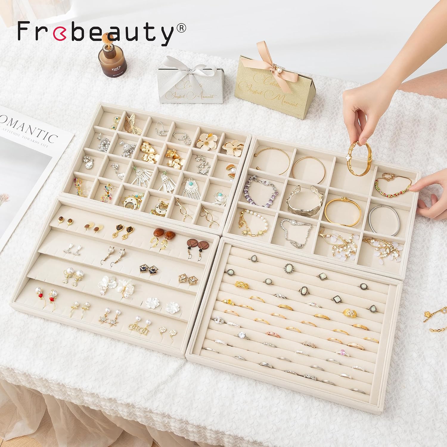 Jewelry Trays for Drawer,Set of 2 Jewelry Organizer and Storage | Velvet Material,Stackable,Adjustable Dividers,Drawer Inserts for Rings Studs Bracelet,Earring Organizer for Women Girls - Image 7