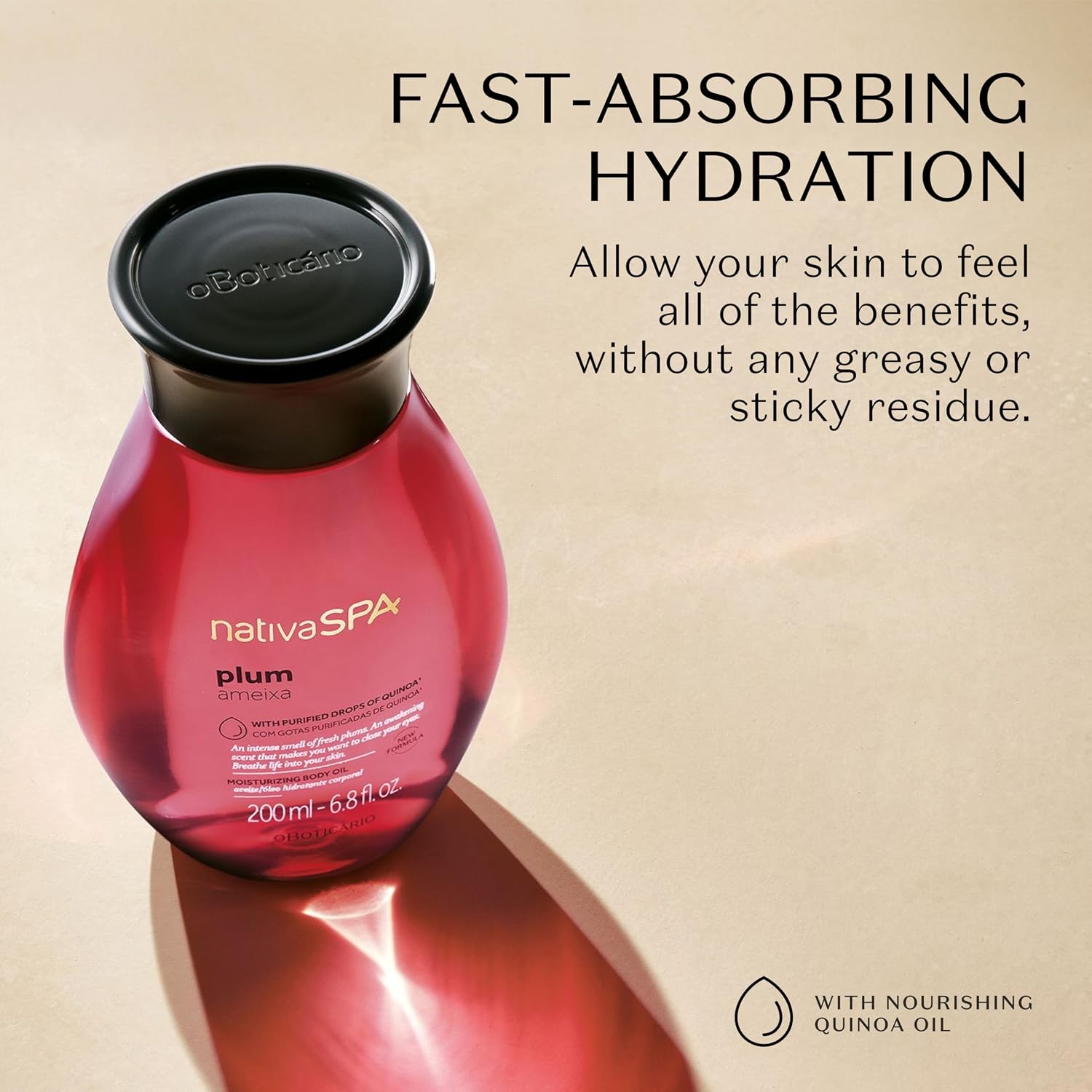Nativa SPA by O Boticario Plum Body Oil, Enriched with Purified Quinoa Drops to Boost Hydration, 6.8 Ounce | Hydrating Body Oil for Dry Skin & Revitalizing, Vegan & Cruelty-Free Skincare - Image 2