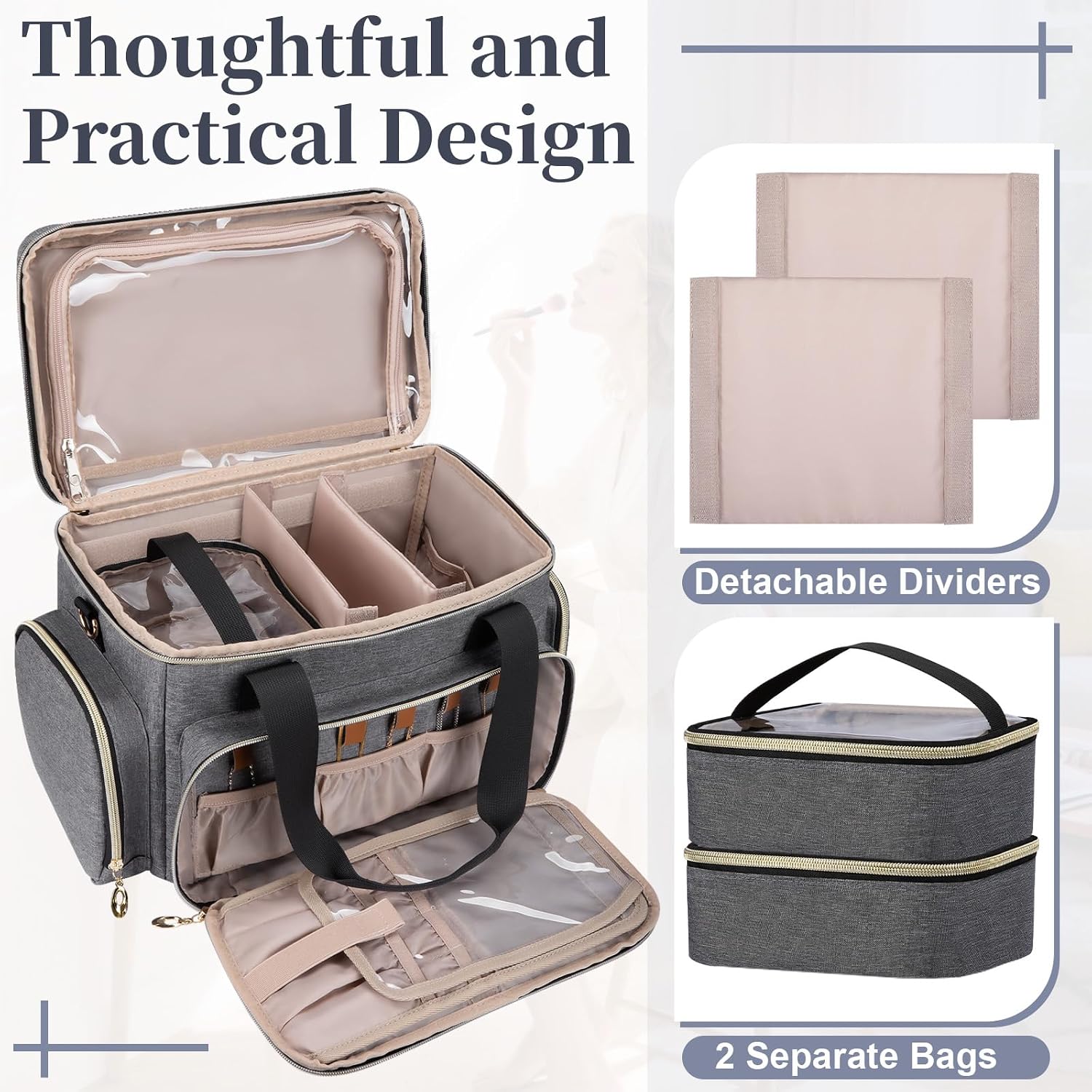 GDNasist Large Makeup Bag, Portable Travel Makeup Bag Organizer | Cosmetic Travel Bag for Women Girls with 2 Removable Pouches & Detachable Dividers, Toiletry Bag for Makeup and Hair Supplies - Image 6
