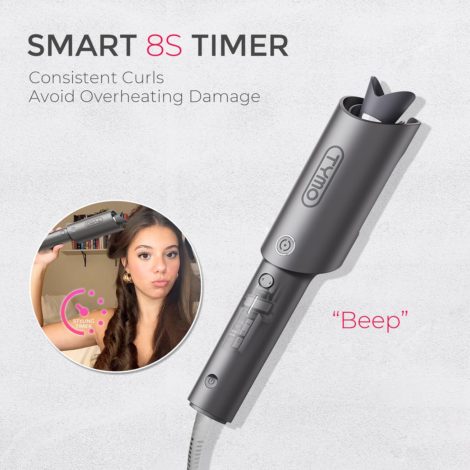 TYMO Automatic Rotating Curling Iron, TYMO CURLPRO Beach Waves Hair Curler | 500 Million Ionic Curling Wand, Dual Voltage, Portable Lightweight for Travel, Ceramic Coating, 1 Inch, Metallic Gray - Image 6