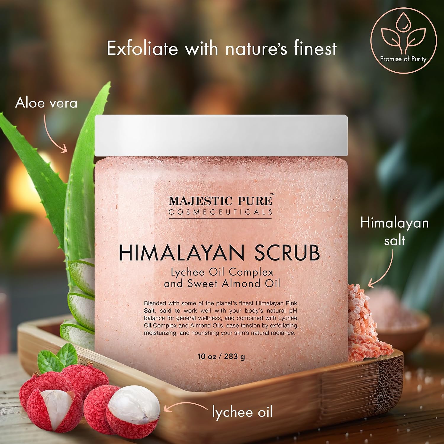 Majestic Pure Himalayan Salt Body Scrub, Lychee Oil Exfoliant, 10 Oz | Buffs away dead skin for a smooth, radiant glow; hydrating spa polish for head-to-toe softness on all skin types. - Image 2