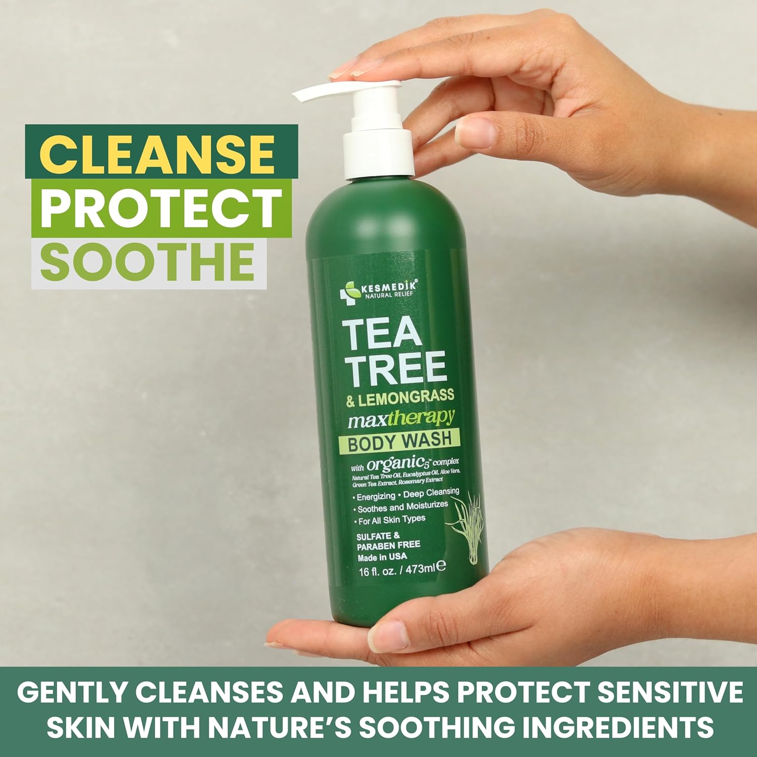 KESMEDIK Tea Tree Lemongrass Body Wash MaxTherapy with 100% Tea Tree Oil for Skin & Fresh Lemongrass | Purifying Body Soap, Soothes & Refreshes Sensitive, Itchy Skin, Men & Women, 16 Fl Oz (Pack of 2) - Image 3