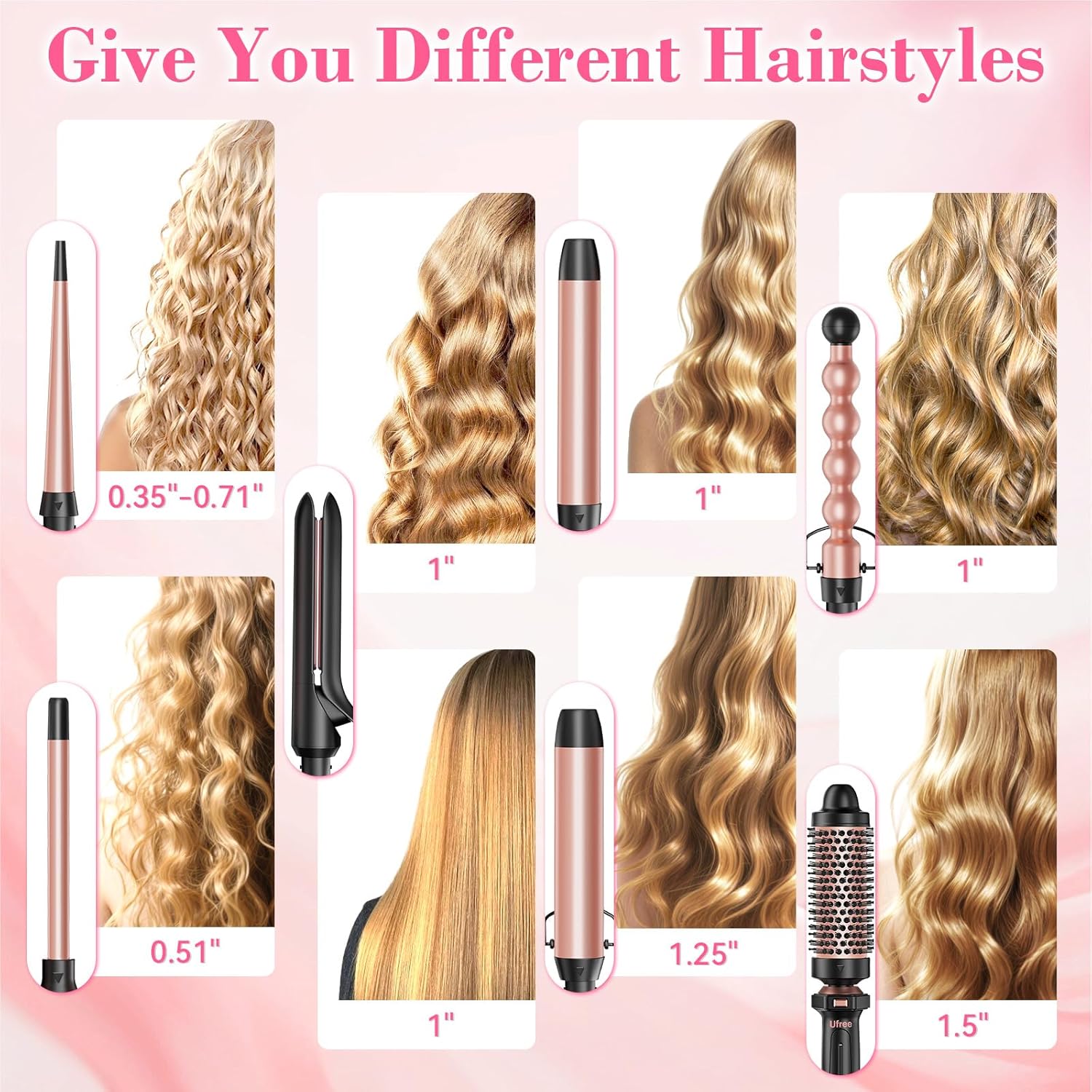 Ufree 7-in-1 Curling Iron Set with Interchangeable Ceramic Barrels, Curling Wand Set with Thermal Brush, Hair Straightener and Wand Curling Iron, Versatile Styling Hair Curlers Set, Gifts for Women - Image 2
