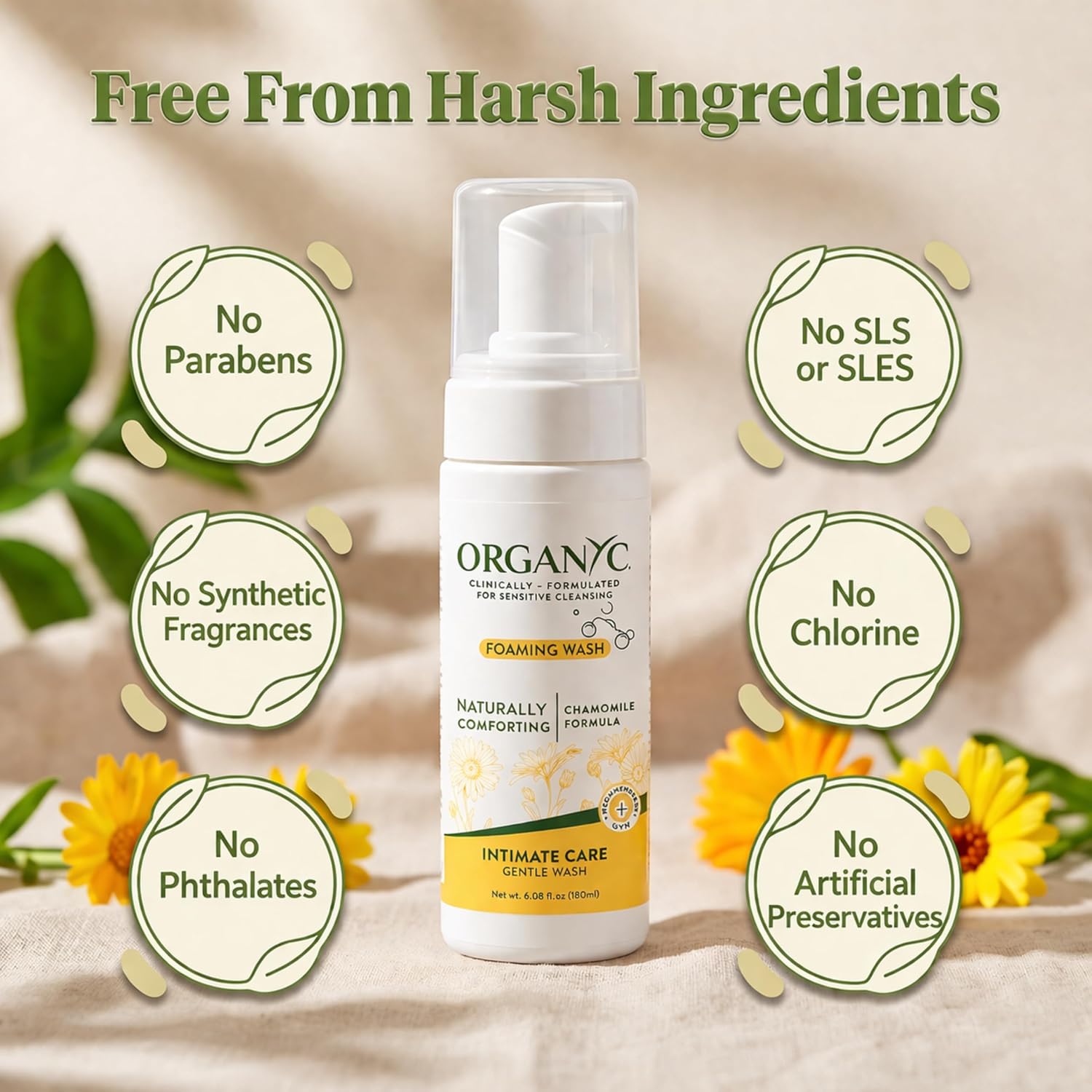 Organyc Intimate Foaming Wash for Women, Sensitive Skin Care, Certified Organic Ingredients, pH Balanced, Chamomile & Calendula, Gentle Daily Cleanser, 6.08 fl oz - Image 2