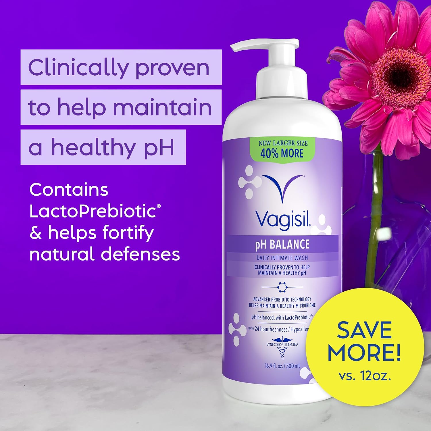 Vagisil pH Balance Feminine Wash, LactoPrebiotic, Gentle, 16.9 Fl Oz | pH balanced feminine wash with LactoPrebiotic for healthy microbiome. Gynecologist tested, hypoallergenic, value-size. - Image 3