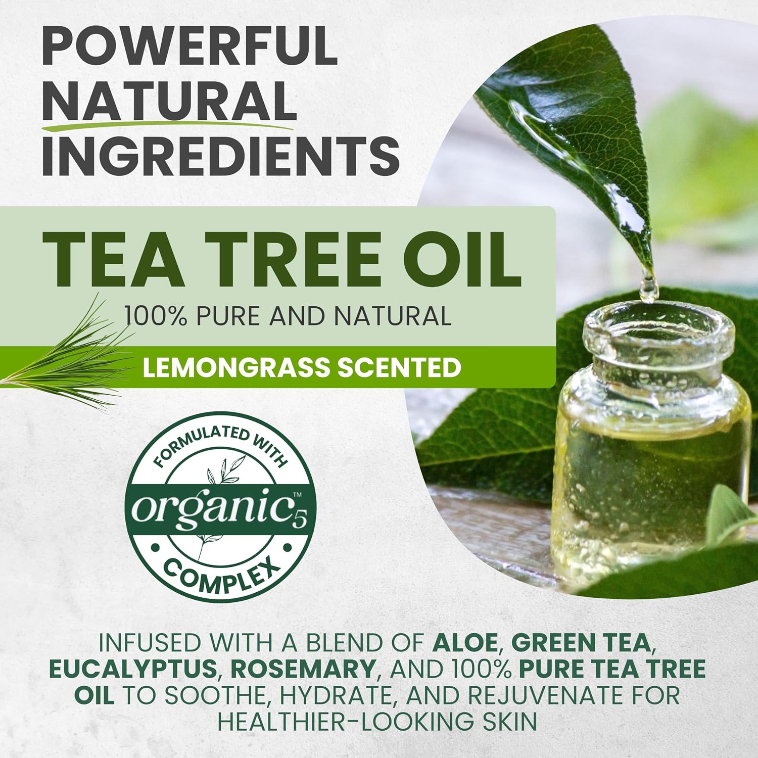 KESMEDIK Tea Tree Lemongrass Body Wash MaxTherapy with 100% Tea Tree Oil for Skin & Fresh Lemongrass | Purifying Body Soap, Soothes & Refreshes Sensitive, Itchy Skin, Men & Women, 16 Fl Oz (Pack of 2) - Image 5