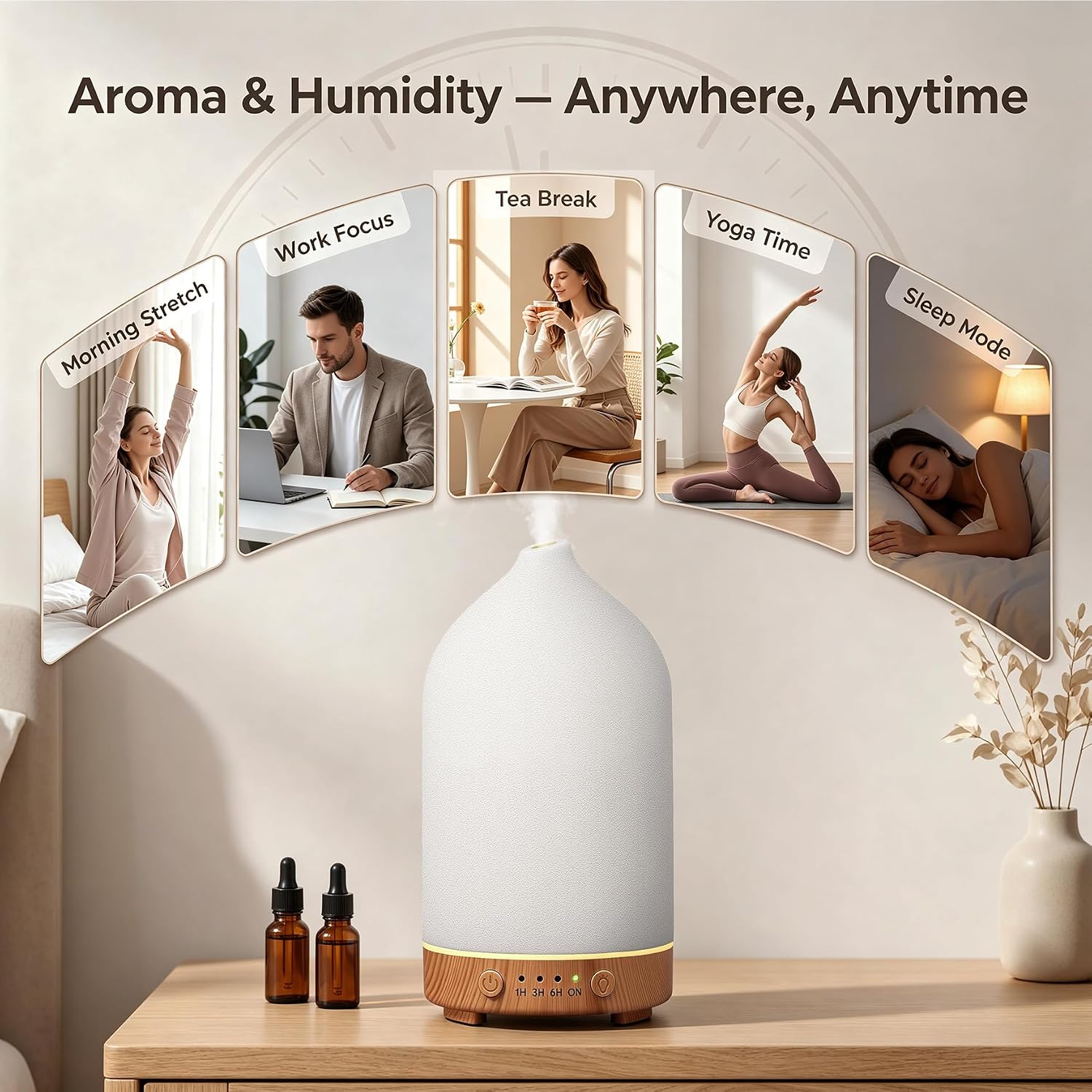 200ML Ceramic Essential Oil Diffuser for Home, Stone Diffuser | Ultrasonic Aromatherapy Diffuser & Air Humidifier for Bedroom, Office, Yoga, 7 LED Lights, Auto Shut-Off, 3 Timers,Wood Grain - Image 7