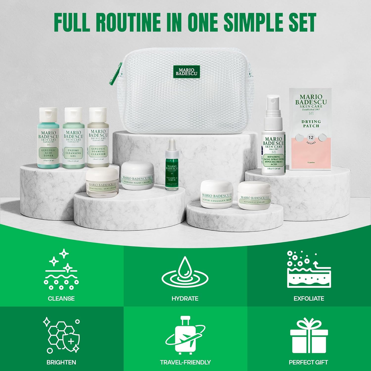 A Little Bit of Mario 10-Piece Skincare Kit – Vitamin C Serum, Glycolic Acid Toner, Hyaluronic Dew Cream, Collagen Mask, HOCI Spray & Cleanser – Brightening, Anti-Aging & Hydration – Travel & Gift Set - Image 5