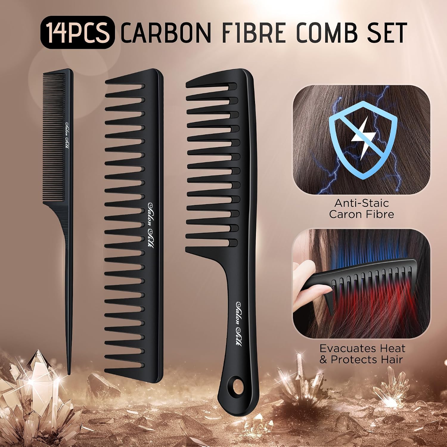 SALONSILK Women Hair Comb Set - 14PCS Wide Tooth Rat Tail Styling Combs Pick for Curly - Teasing Parting Fine Professional Barber Cutting Braiding Set - Image 4