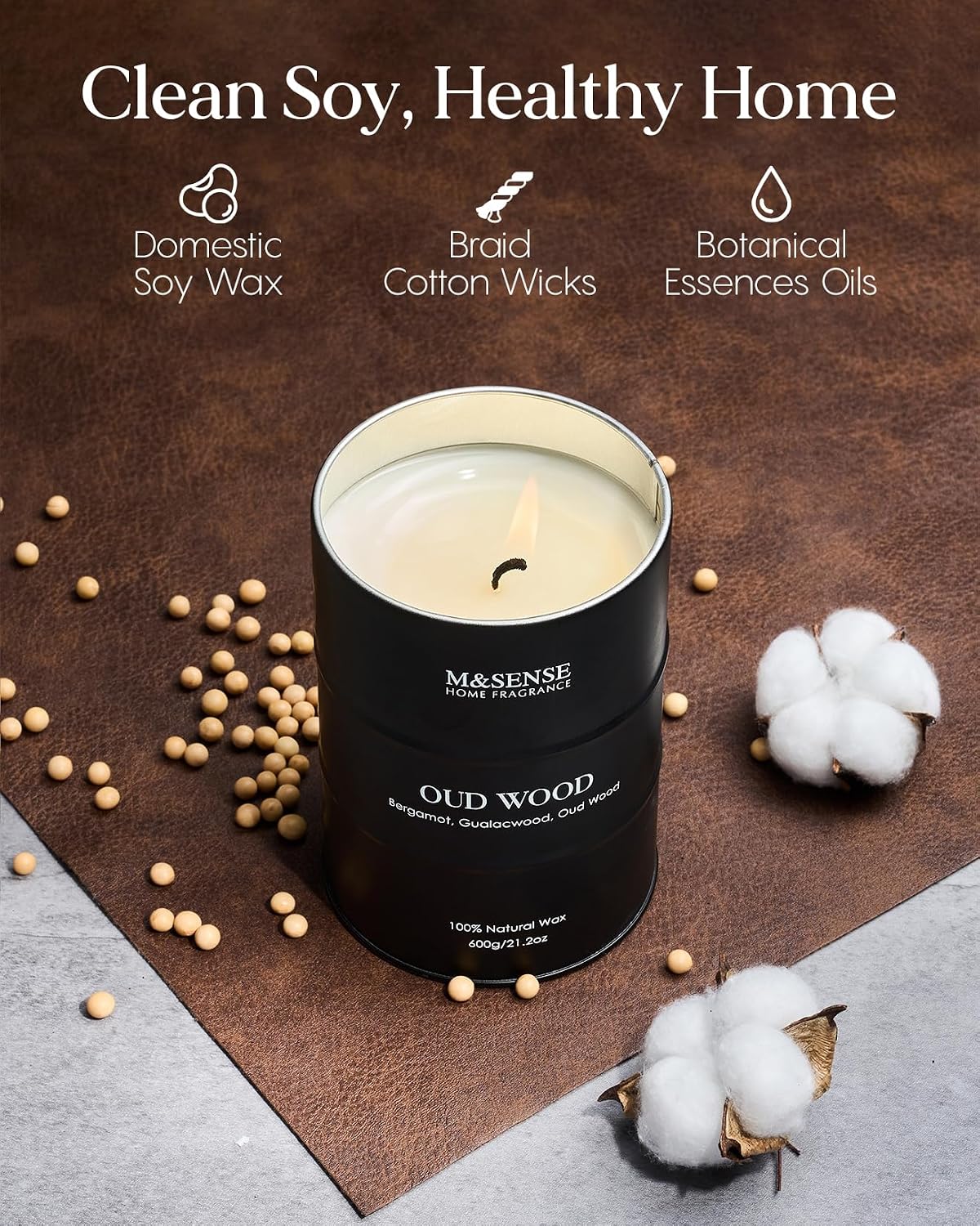 M&SENSE Oud Wood Scented Candle, Large, Natural Soy Wax, 21.2oz | Natural Large Soy Candle - Image 3