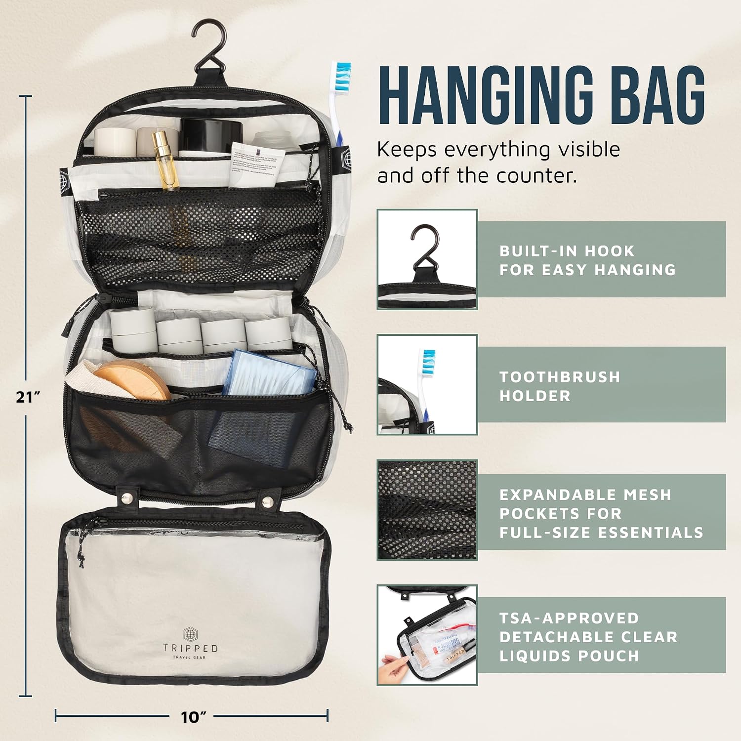 TRIPPED Travel Gear 3-Piece Travel Toiletry Bag Set | Includes Hanging Toiletry Bag, 311 TSA Liquid Bag, and Accessory Organizer Pouch with Lightweight Ripstop Construction - Image 3
